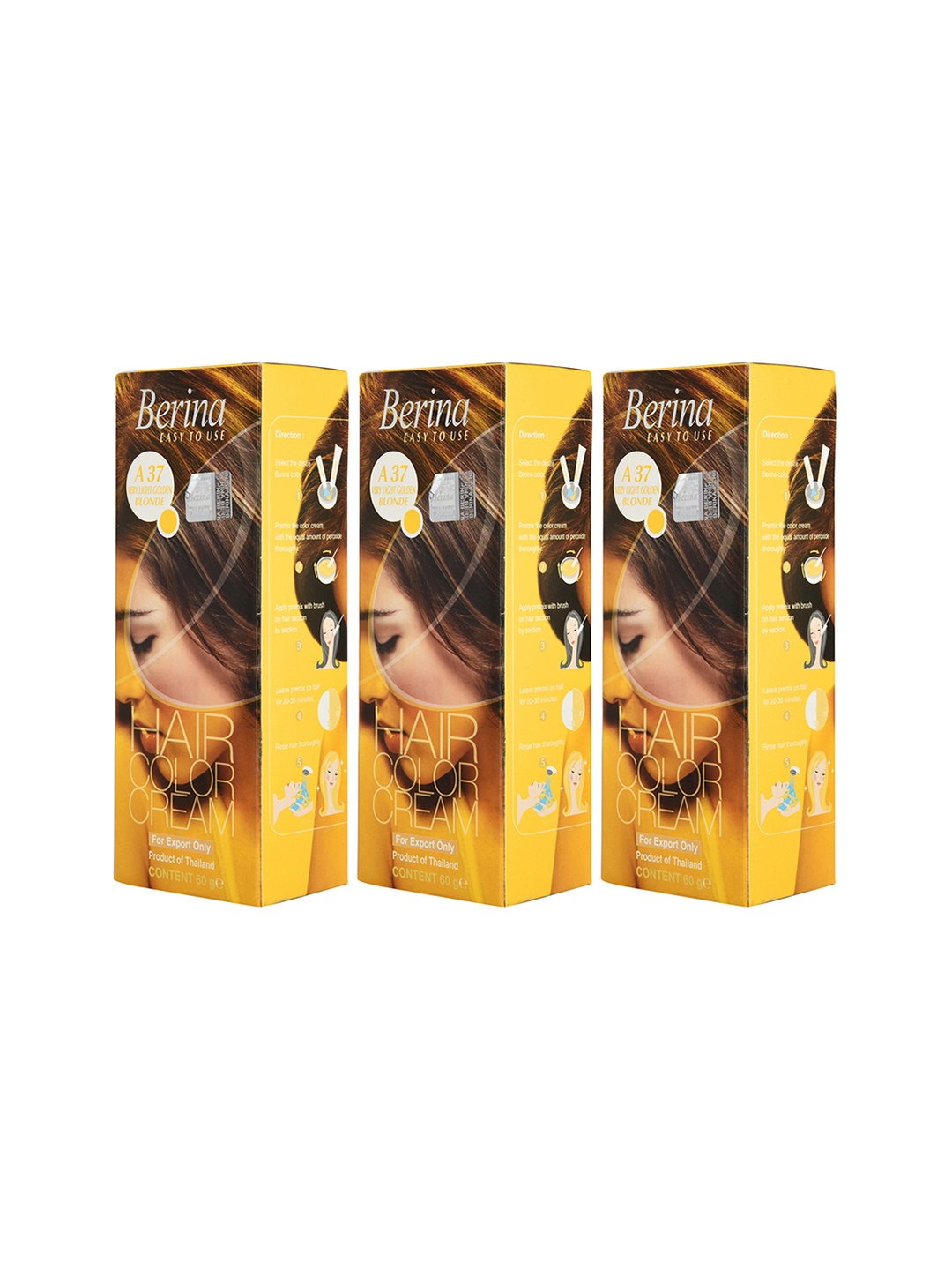 

Berina Set of 3 A37 Very Light Golden Blonde Hair Color Creams - 60gm, Brown