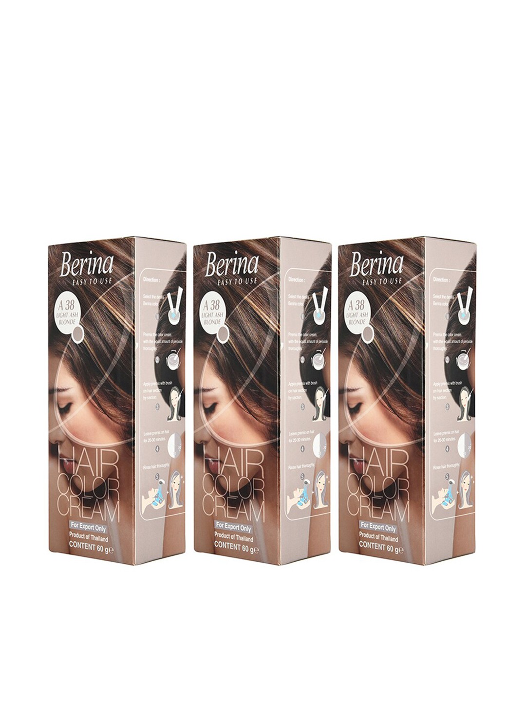 

Berina Pack of 3 Hair Color Cream A38 Light Ash Blonde, Brown