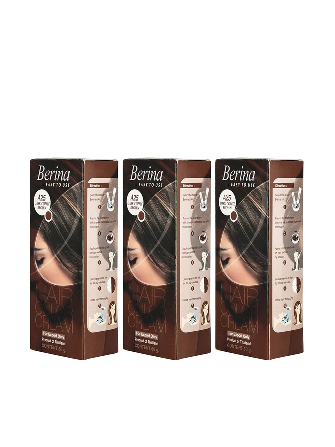

Berina Pack of 3 Hair Color Cream A25 Dark Coffee Brown