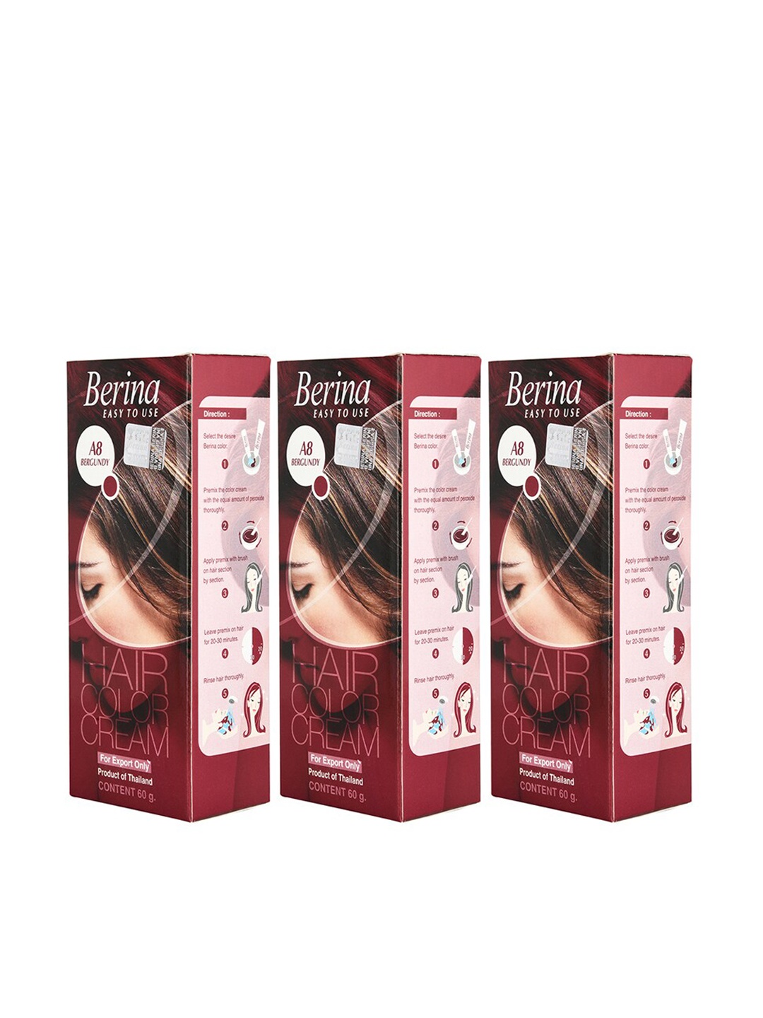 

Berina Pack of 3 Hair Color Cream A8 Bergundy, Burgundy