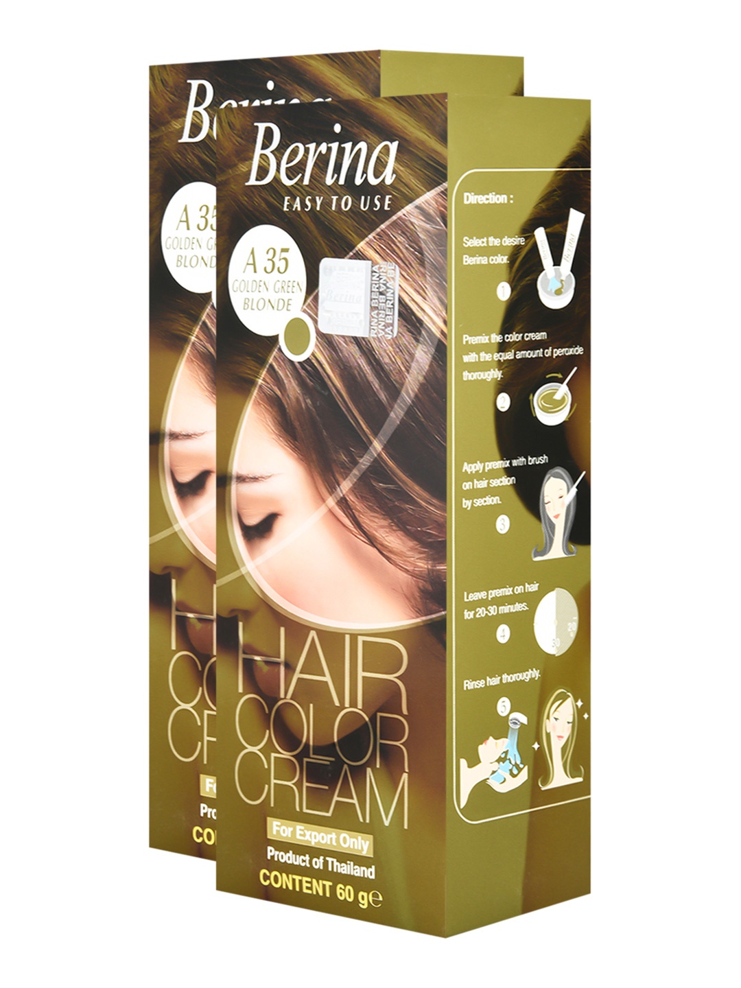 

Berina Pack of 2 Hair Color Cream A35 Golden Green Blonde, Gold