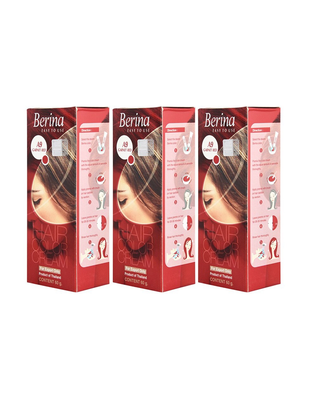 

Berina Pack of 3 Hair Color Cream A9 Garnet Red