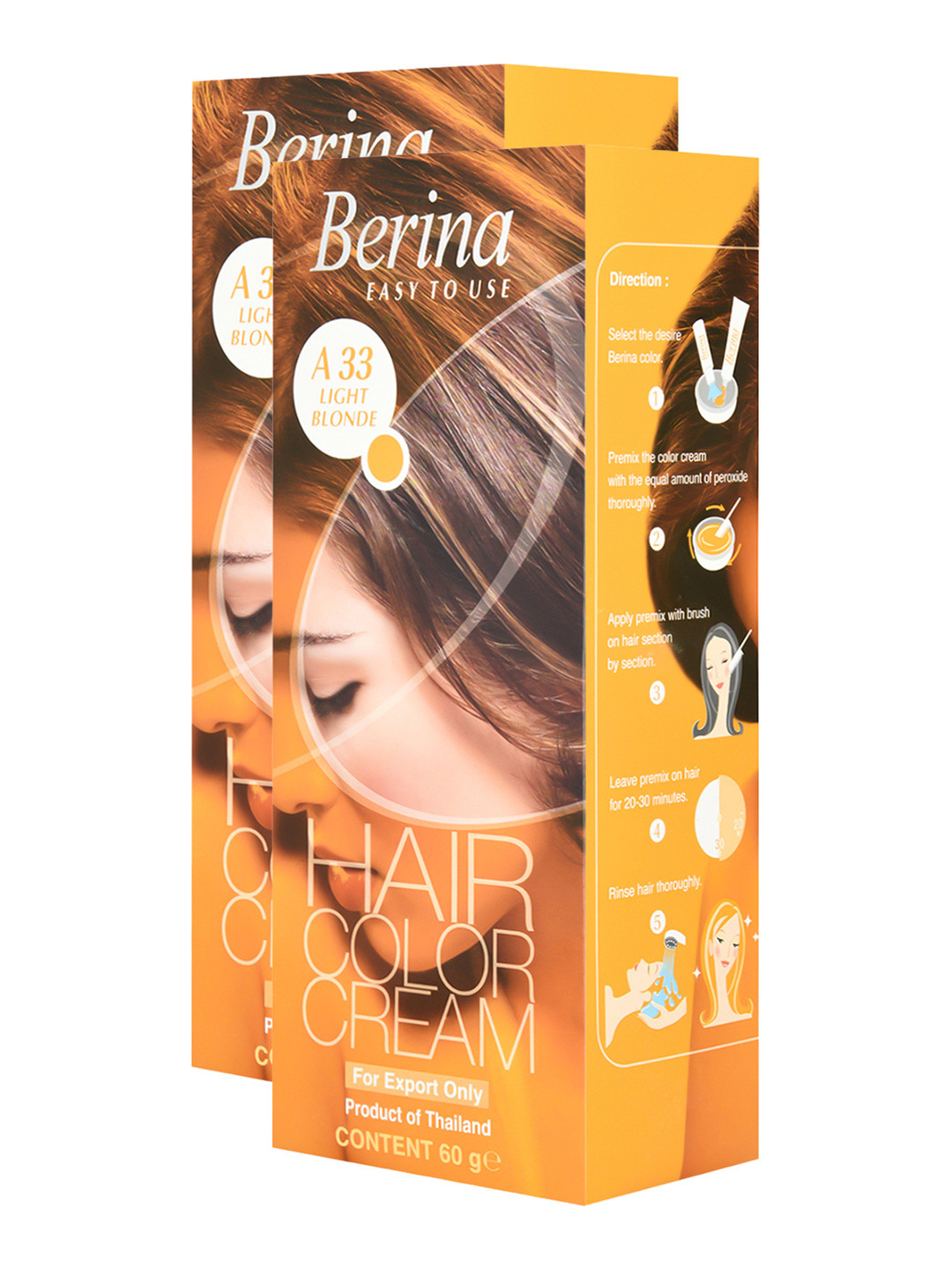 

Berina Pack of 2 Hair Color Cream A33 Light Blonde, Gold