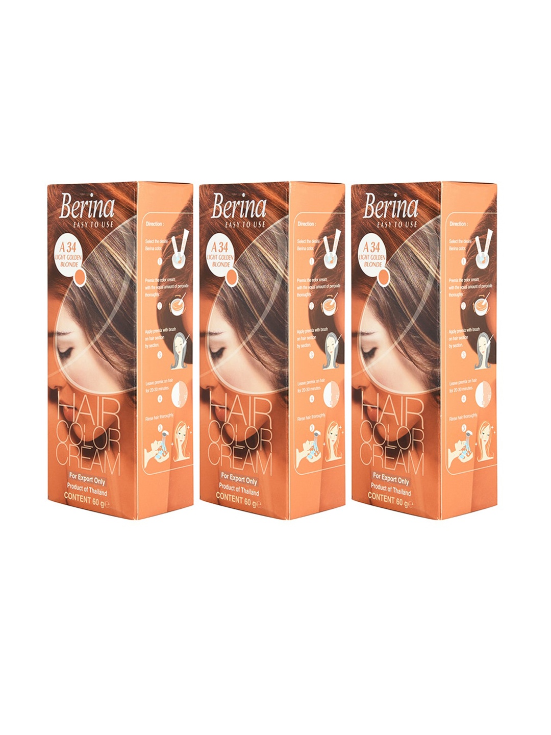 Berina Pack of 3 Hair Color Cream A34 Light Golden Blonde, Gold