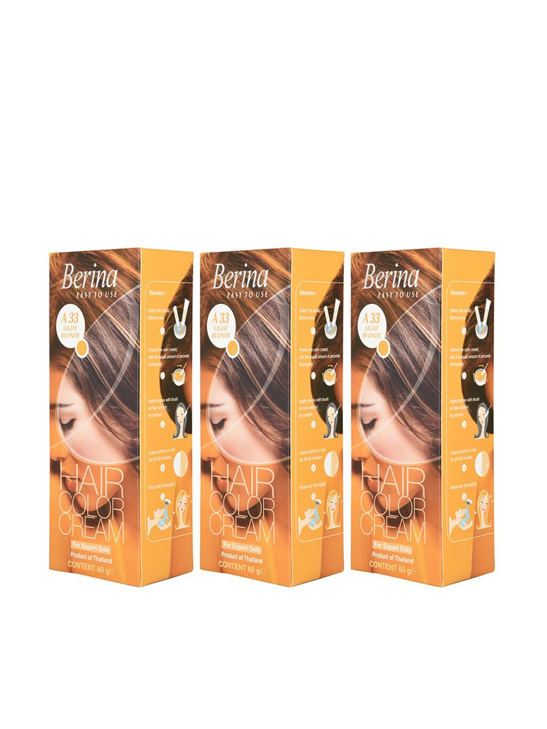 

Berina Pack of 3 Hair Color Cream A33 Light Blonde, Gold