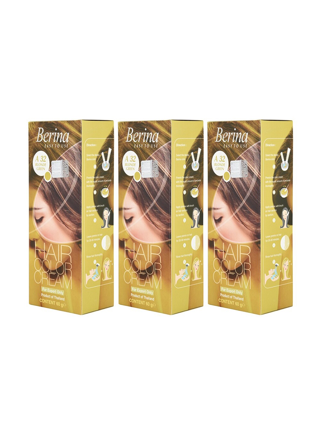 Berina Pack of 3 Hair Color Cream A32 Blonde Green