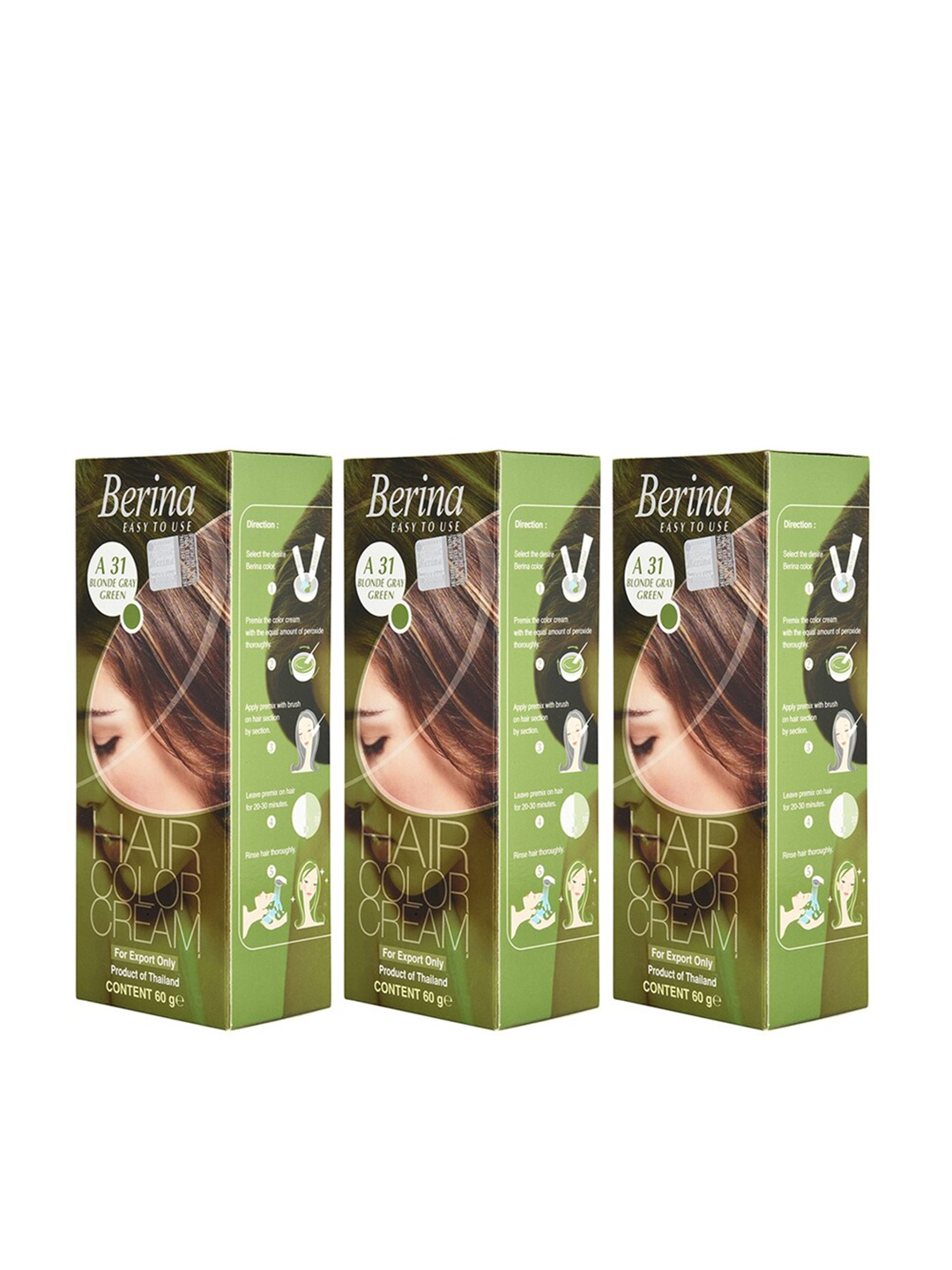 

Berina Pack of 3 Hair Color Cream A31 Blonde Gray Green