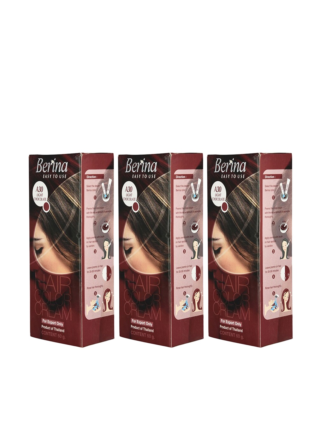 

Berina Pack of 3 Hair Color Cream A30 Light Chocolate, Brown