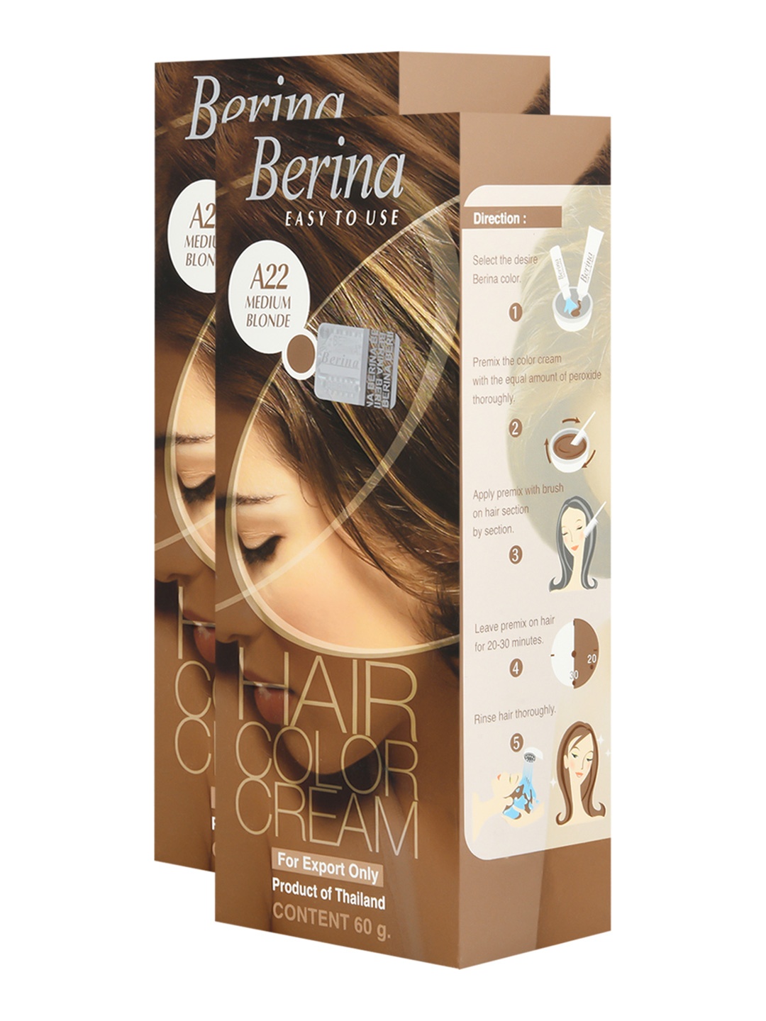 

Berina Pack of 2 Hair Color Cream A22 Medium Blonde, Brown