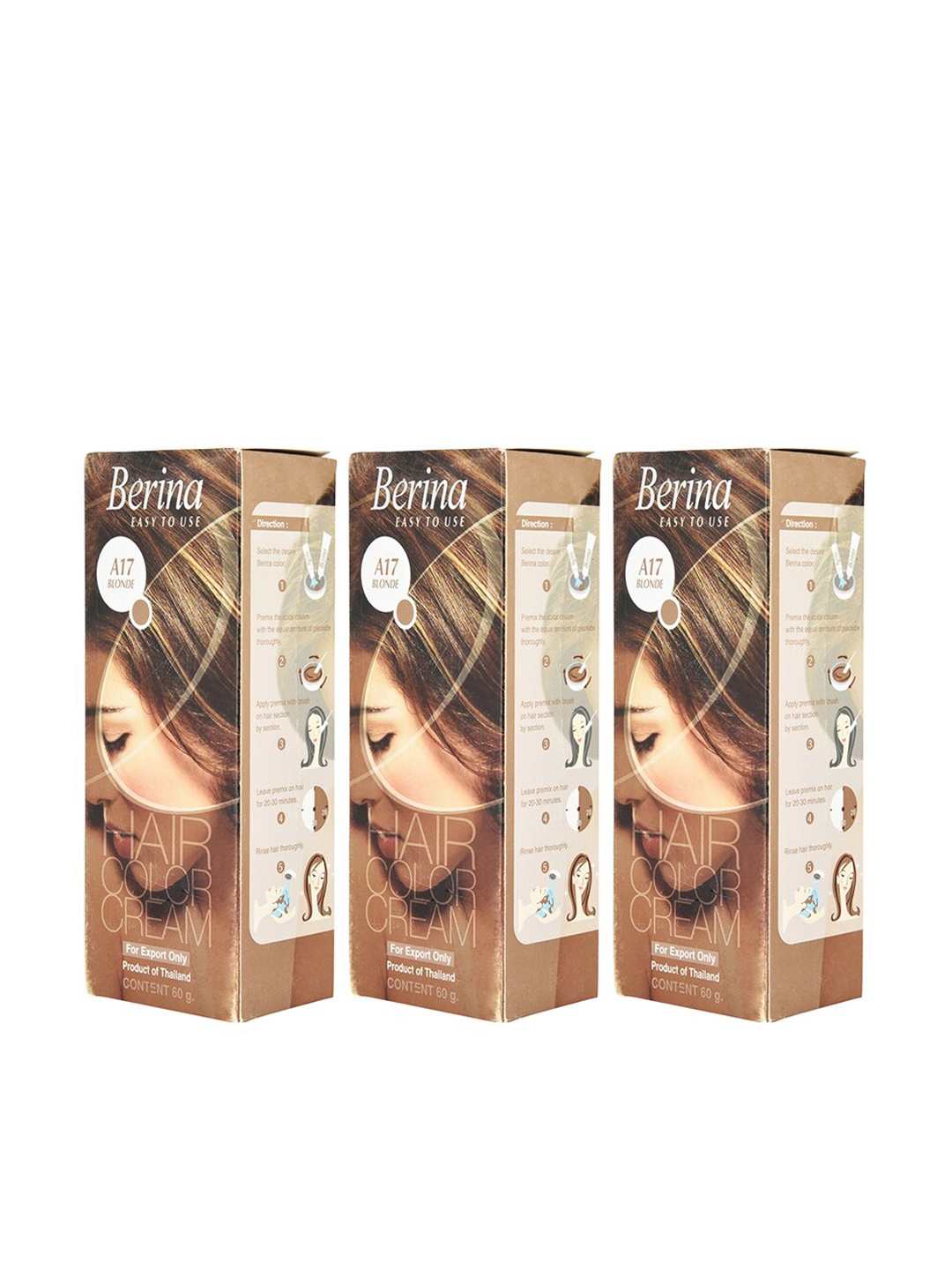 Berina Pack of 3 Hair Color Cream A17 Blonde, Gold