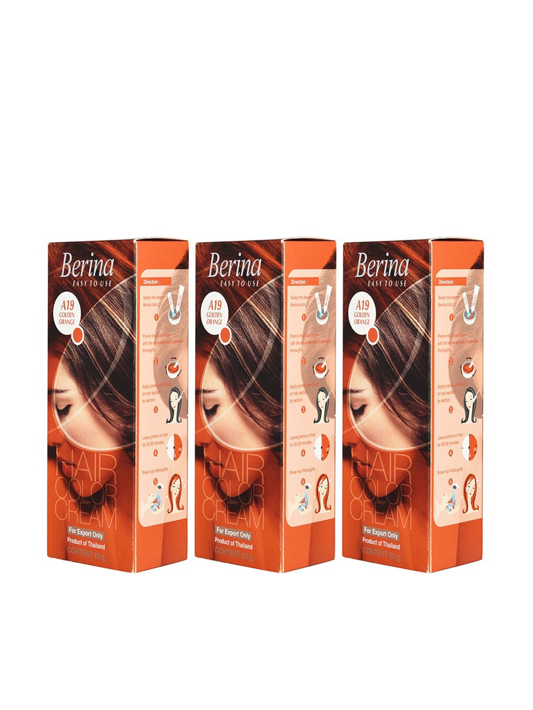 

Berina Pack of 3 Hair Color Cream A19 Golden Orange