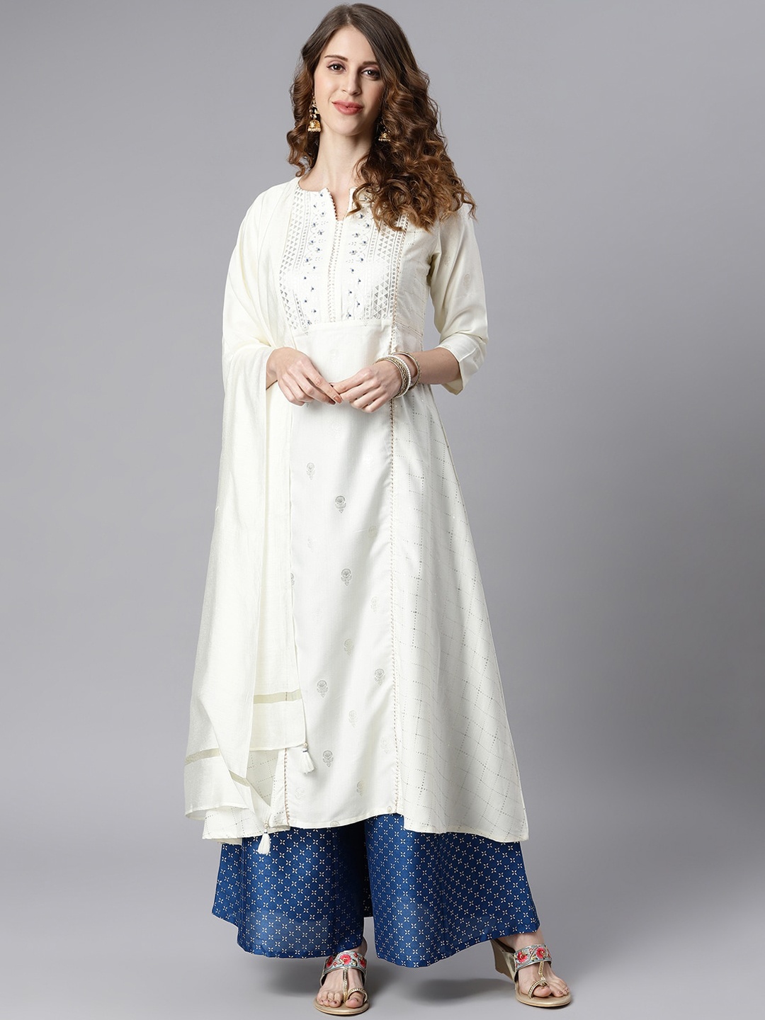 

Janasya Women White & Navy Blue Printed Kurta with Palazzos & Dupatta