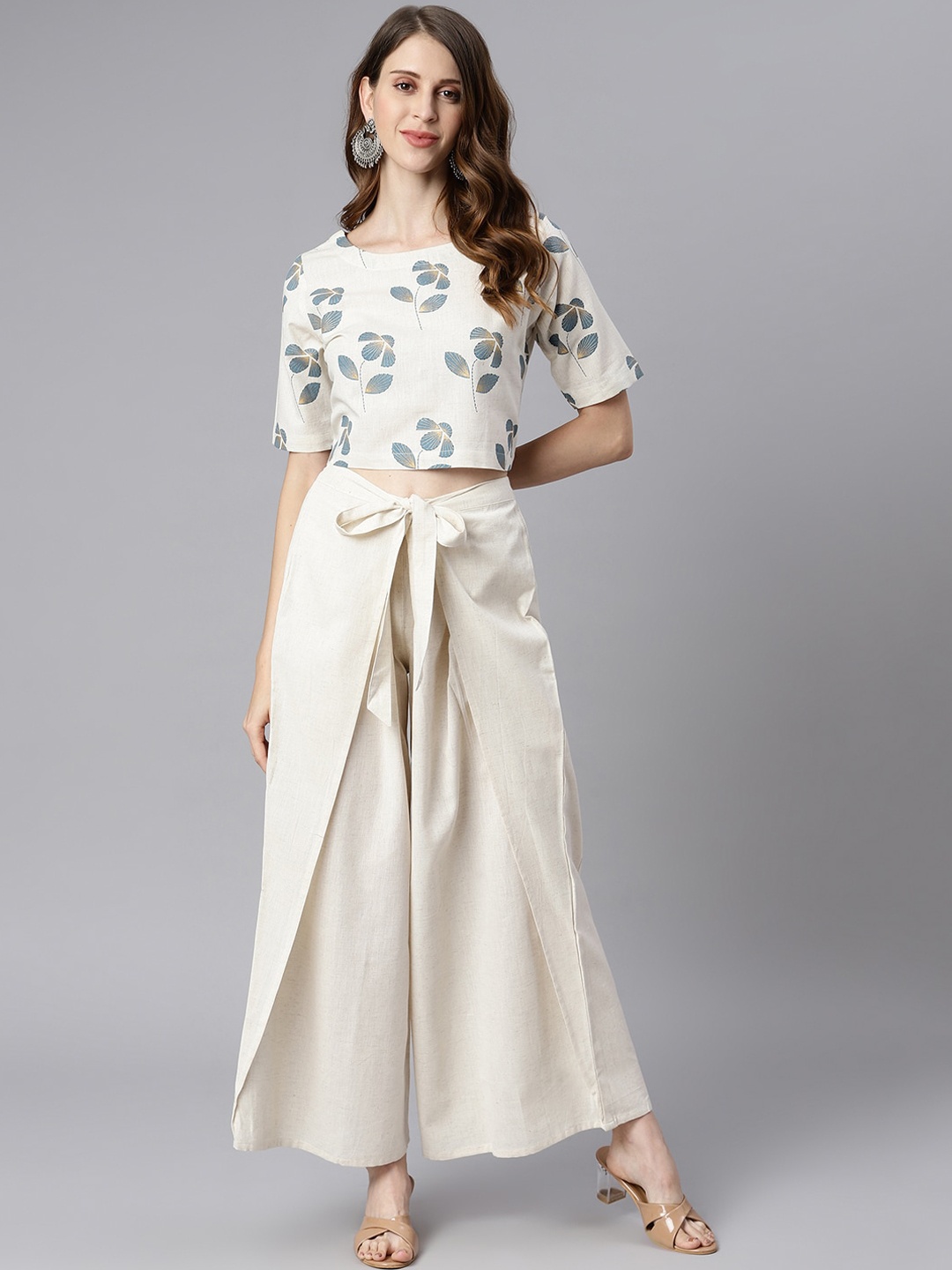 

Janasya Women White & Light Beige Printed Crop Top with Draped Palazzos