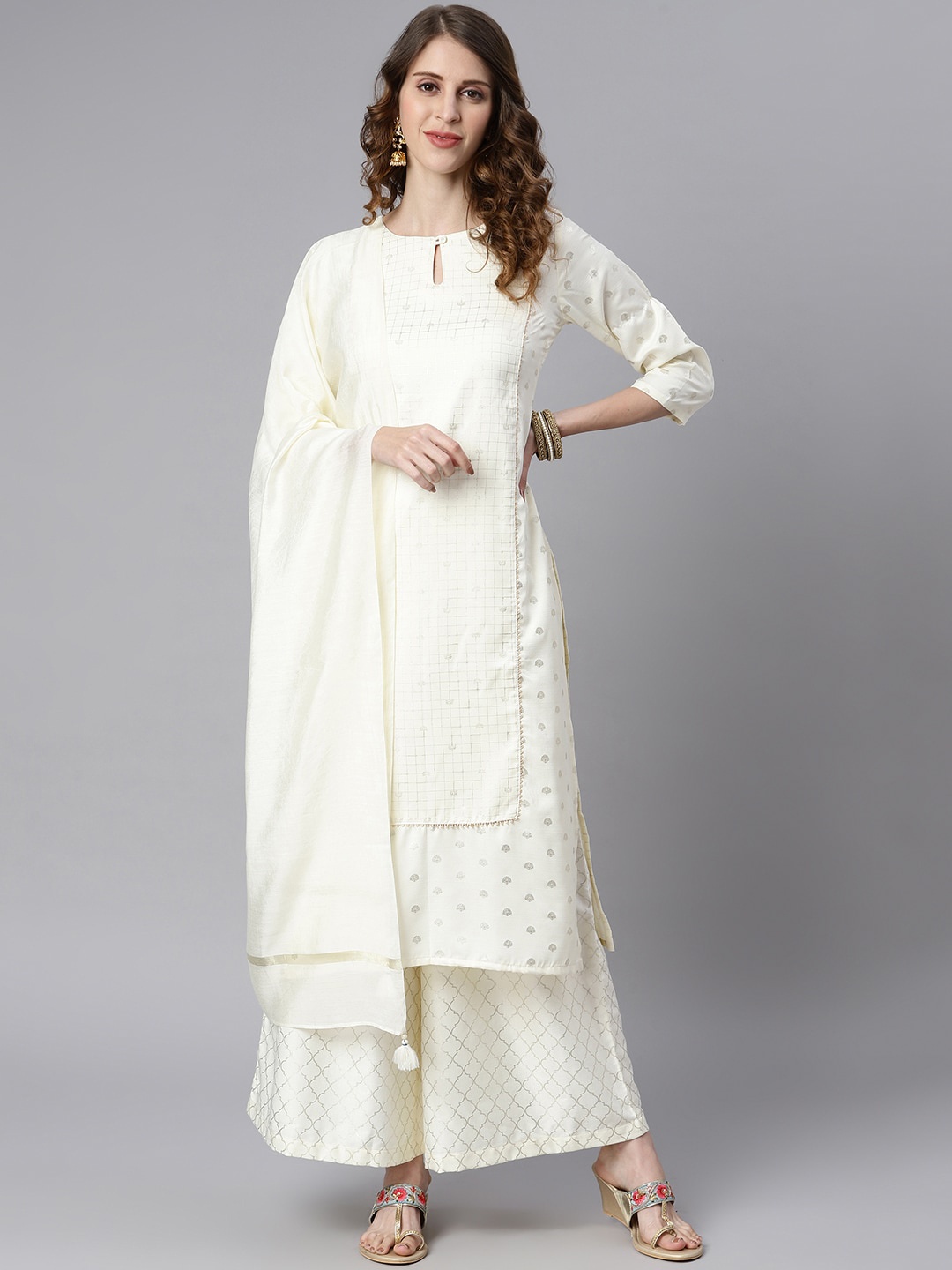 

Janasya Women White & Silver Ethnic Motifs Panelled Kurta with Palazzos & Dupatta