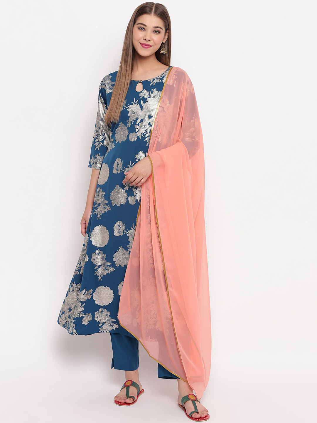 

Janasya Women Teal Blue & Silver Floral Printed Kurta with Trousers & Dupatta