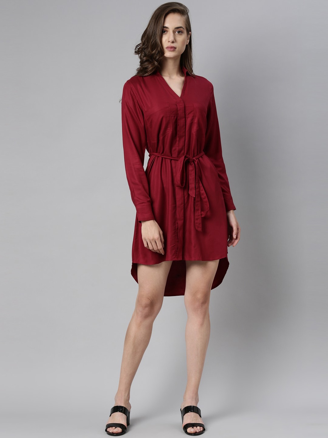 

RAREISM Women Maroon Tie-Ups Shirt Dress