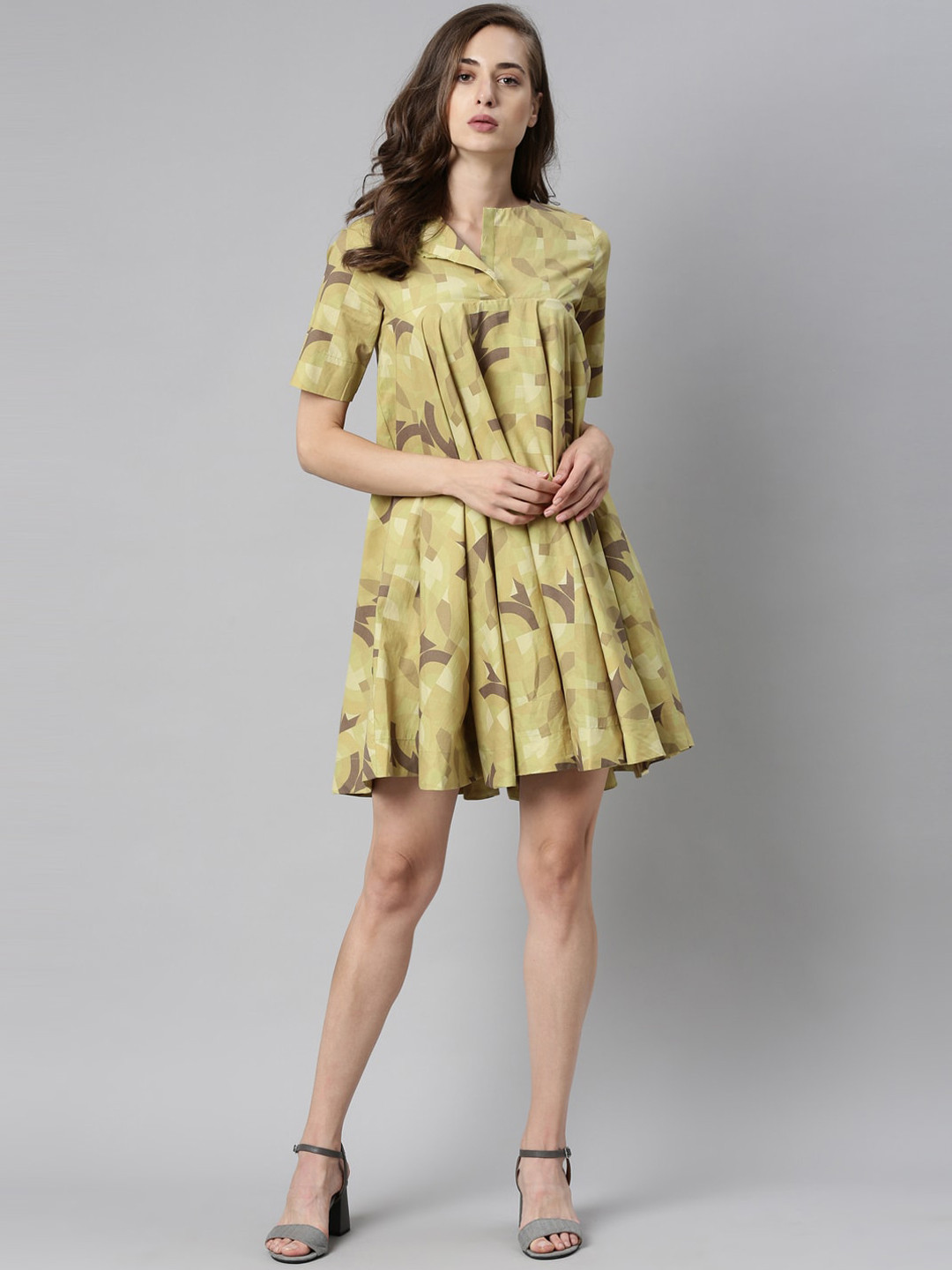 

RAREISM Women Olive Green Abstract Printed Dress