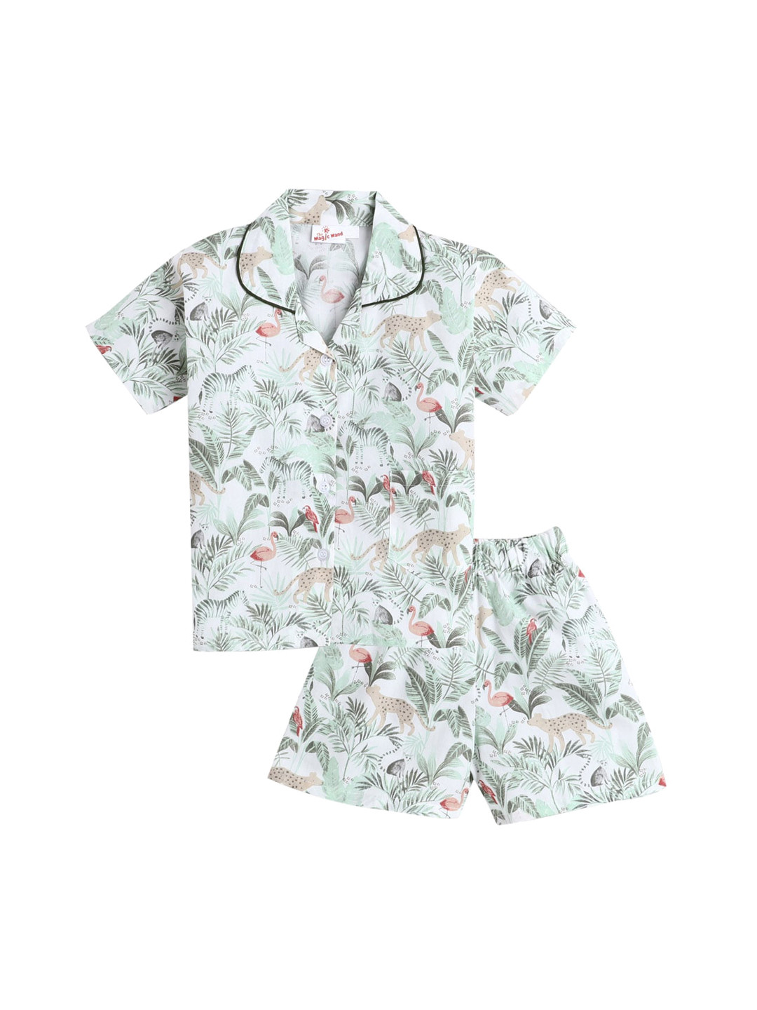 

The Magic Wand Unisex Kids Olive Green & White Printed Night Suit