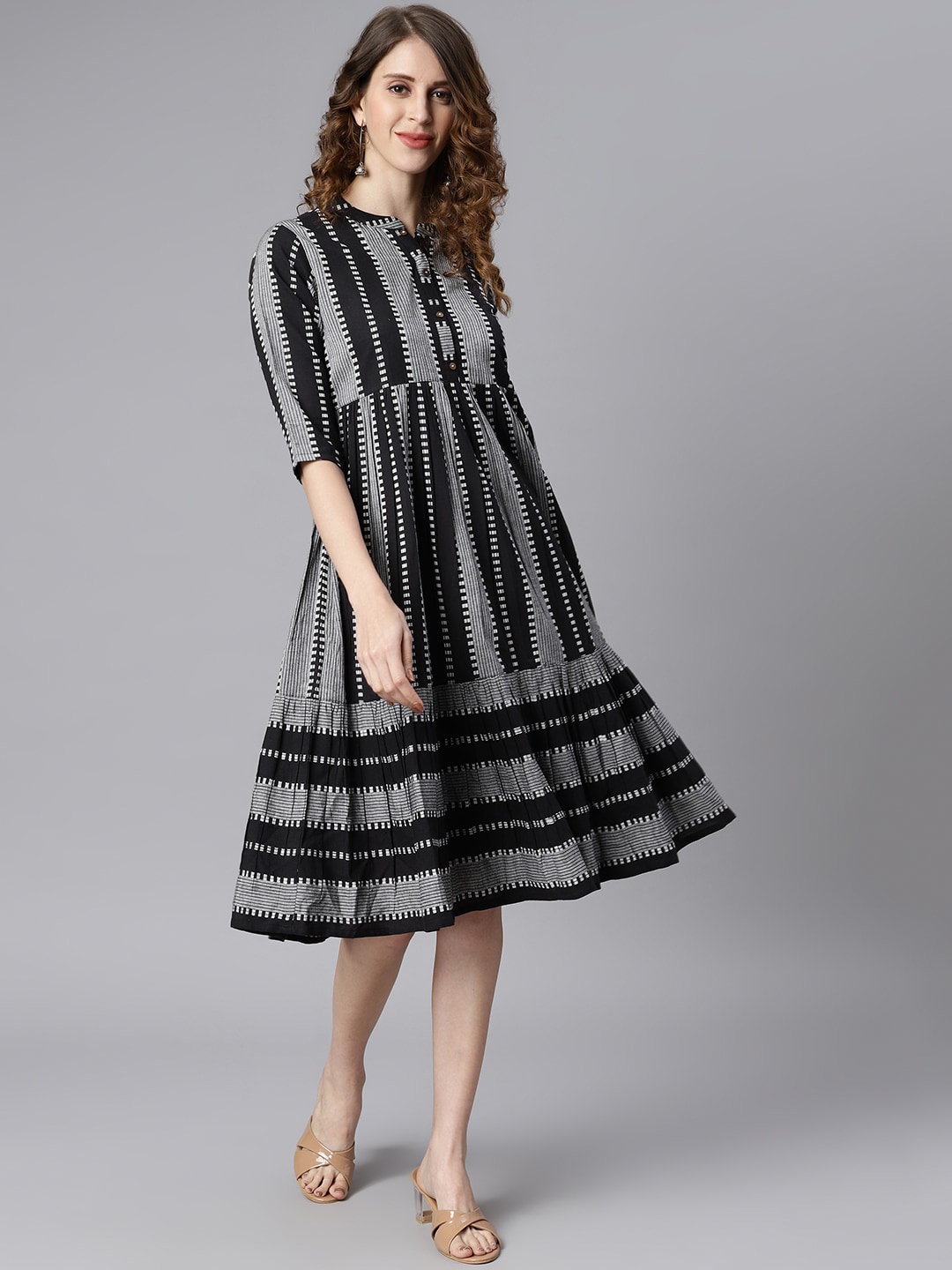 

Janasya Black & Grey Striped Applique Fit & Flare Dress