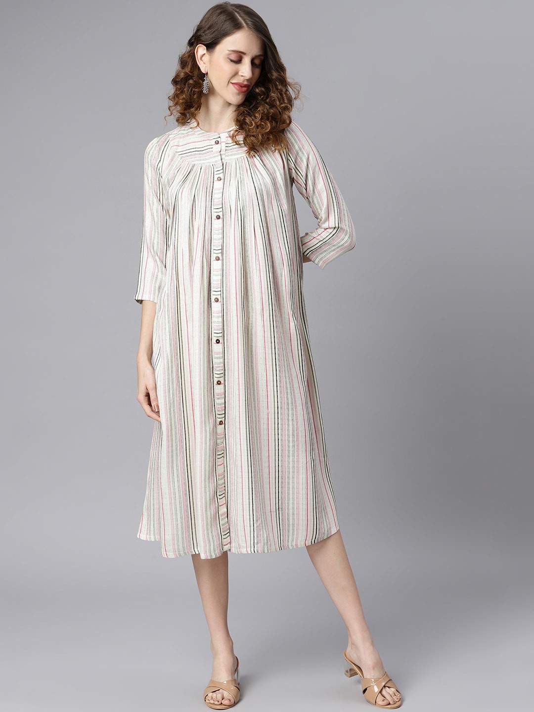 

Janasya Women White Multicoloured Striped A-Line Midi Dress, Off white