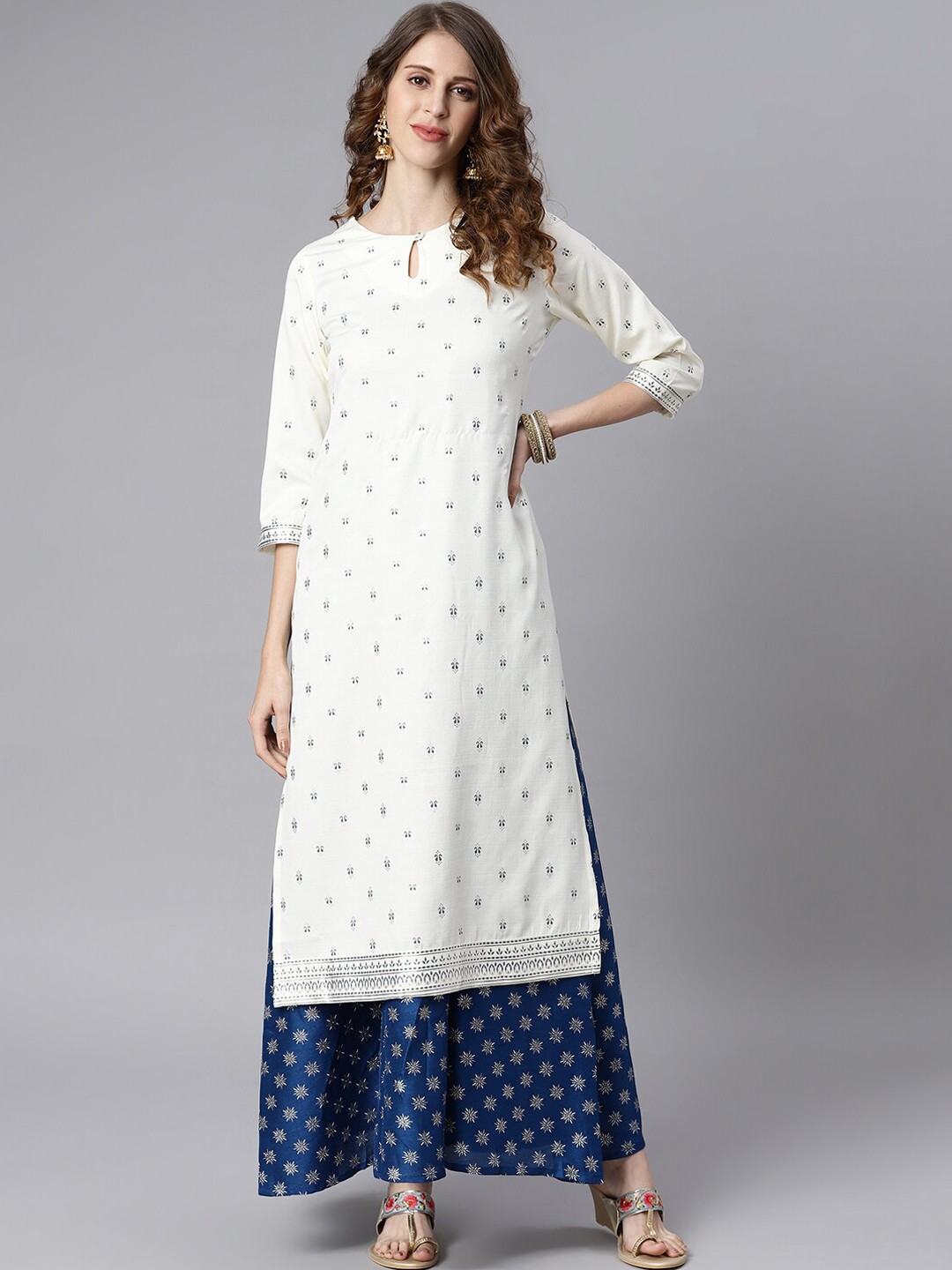 

Janasya Off White And Blue Women Ethnic Motifs Keyhole Neck Maxi Dress With Kurta