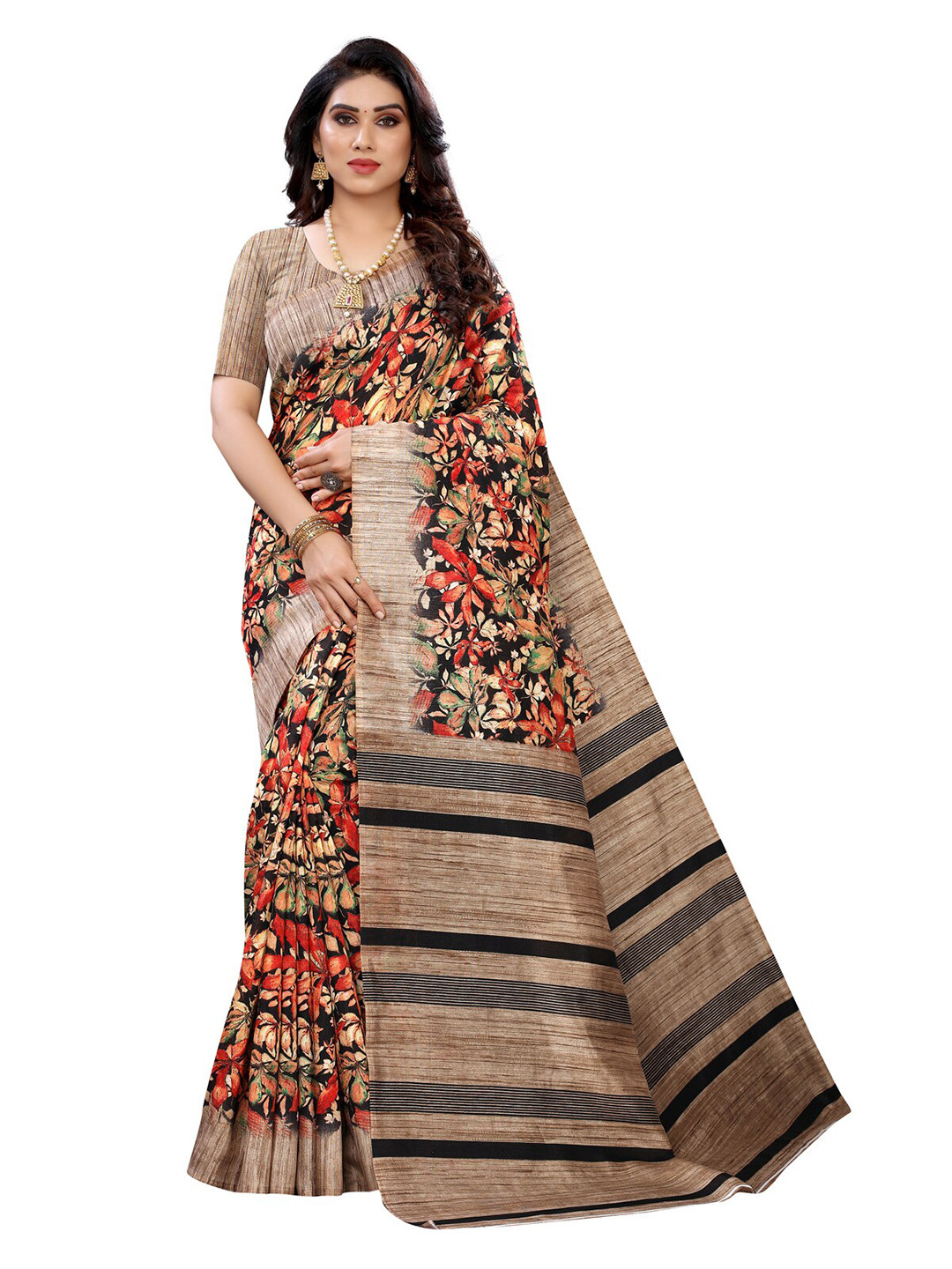 

KALINI Red & Black Floral Print Saree