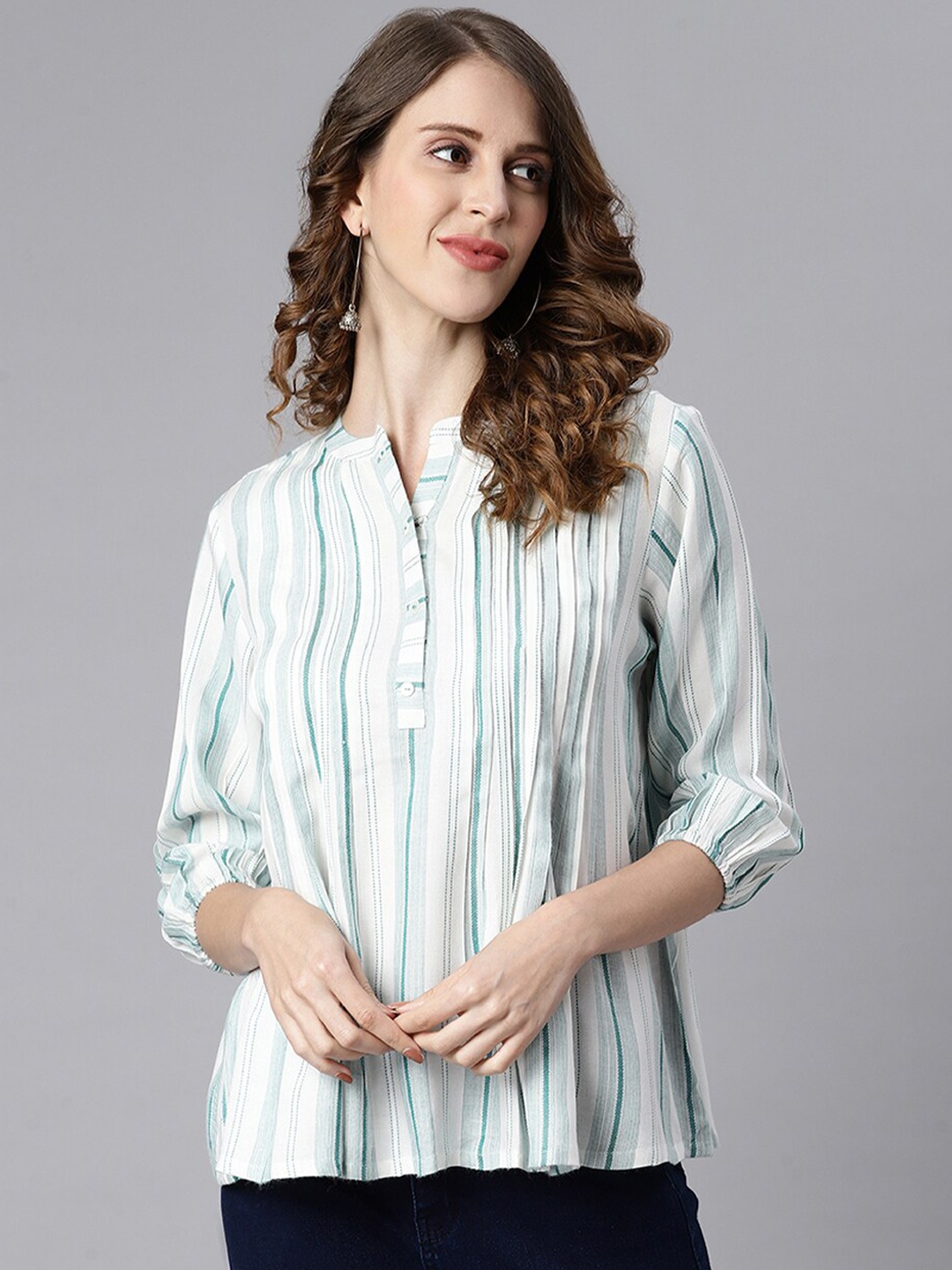 

Janasya Women Off White Striped Mandarin Collar Shirt Style Top