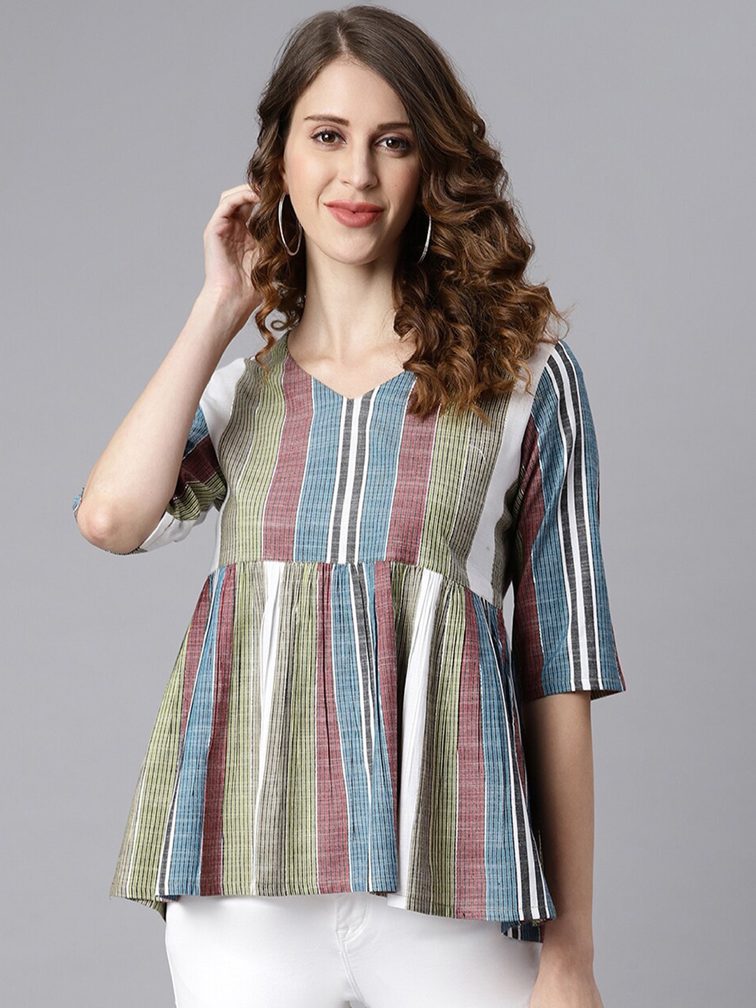 

Janasya Women Multicoloured Striped A-Line Top, Multi