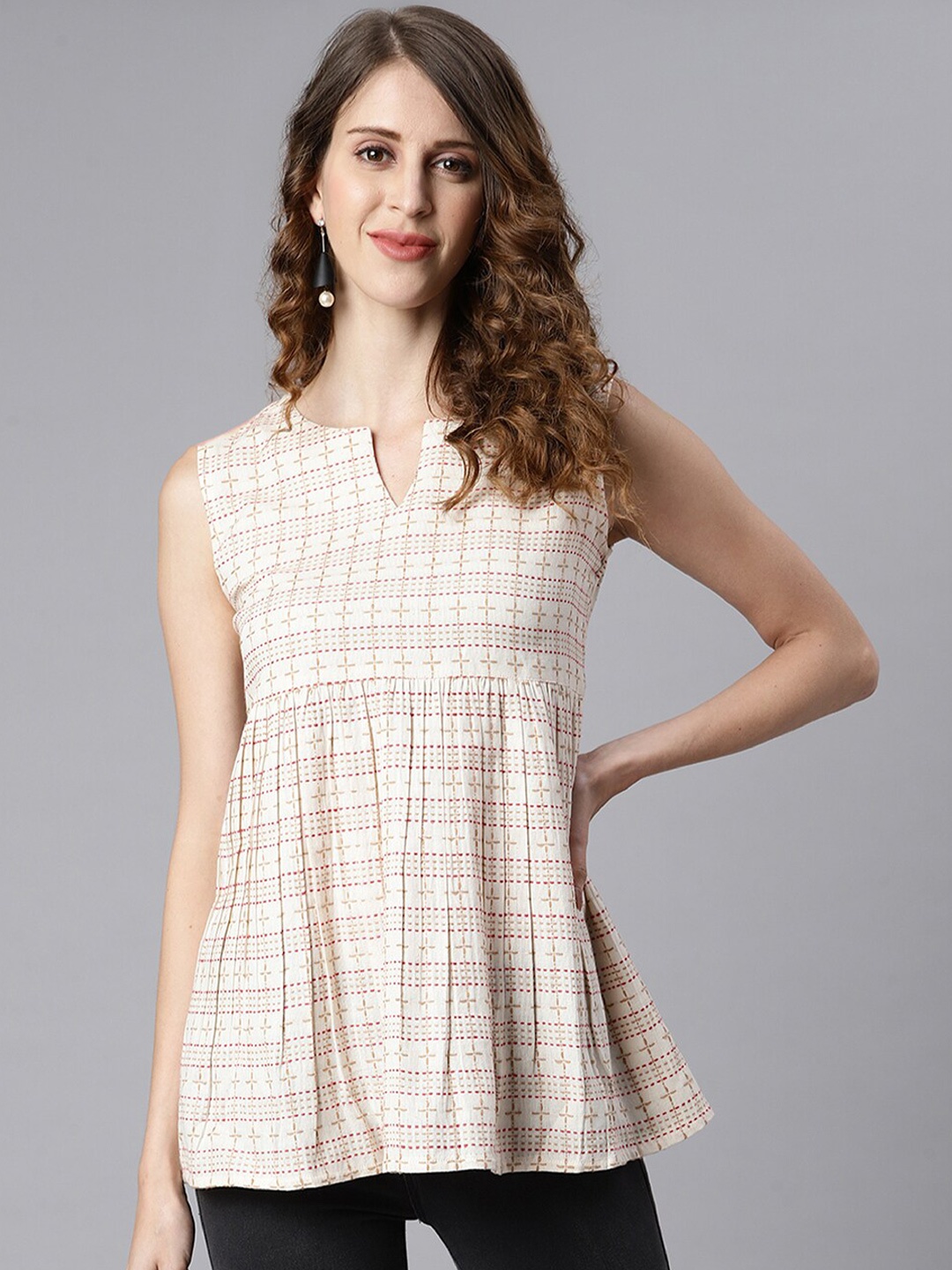 

Janasya Women Cream-Coloured Checked Top