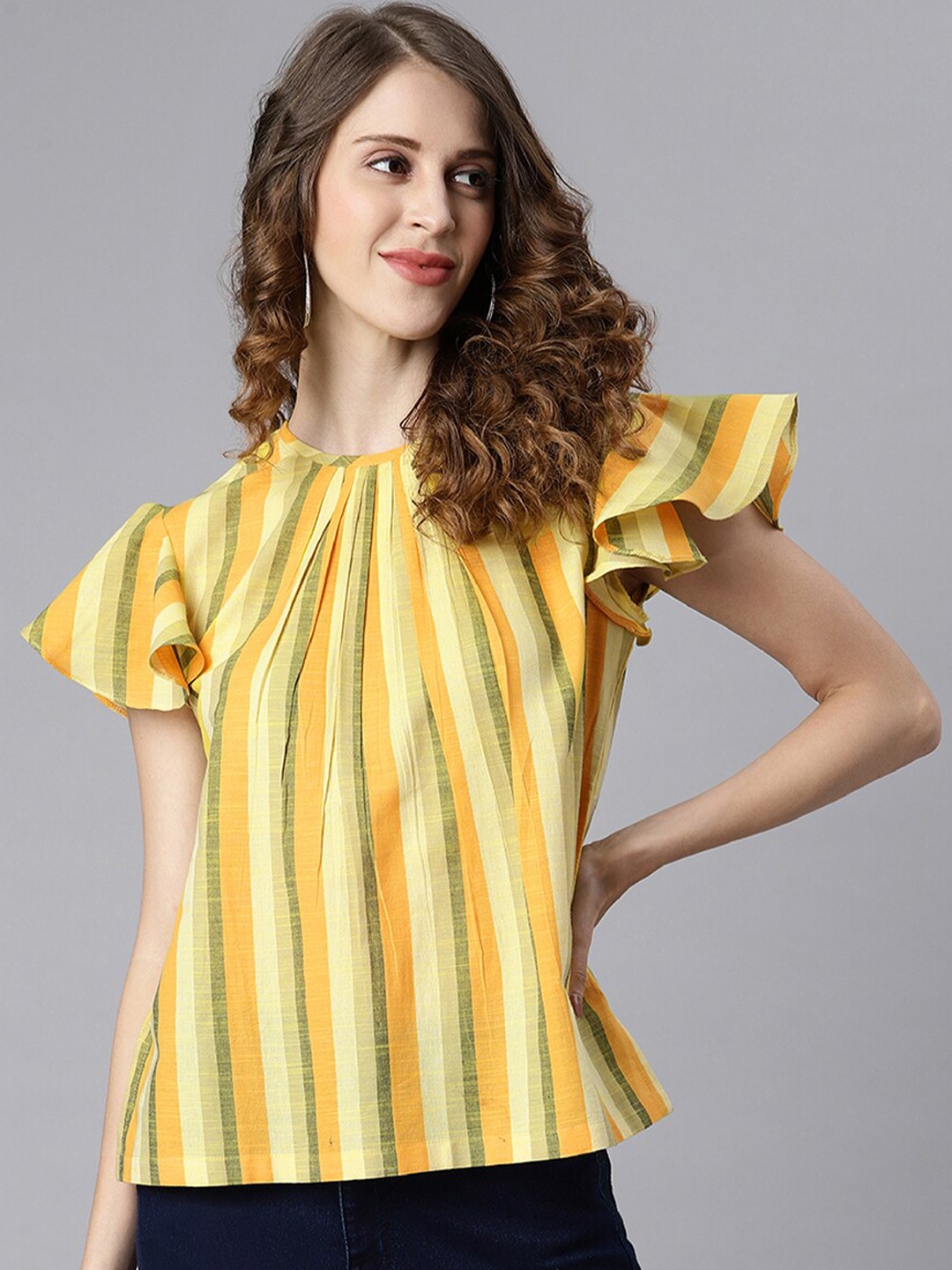 

Janasya Women Yellow Striped Flutter Sleeve A-Line Cotton Top