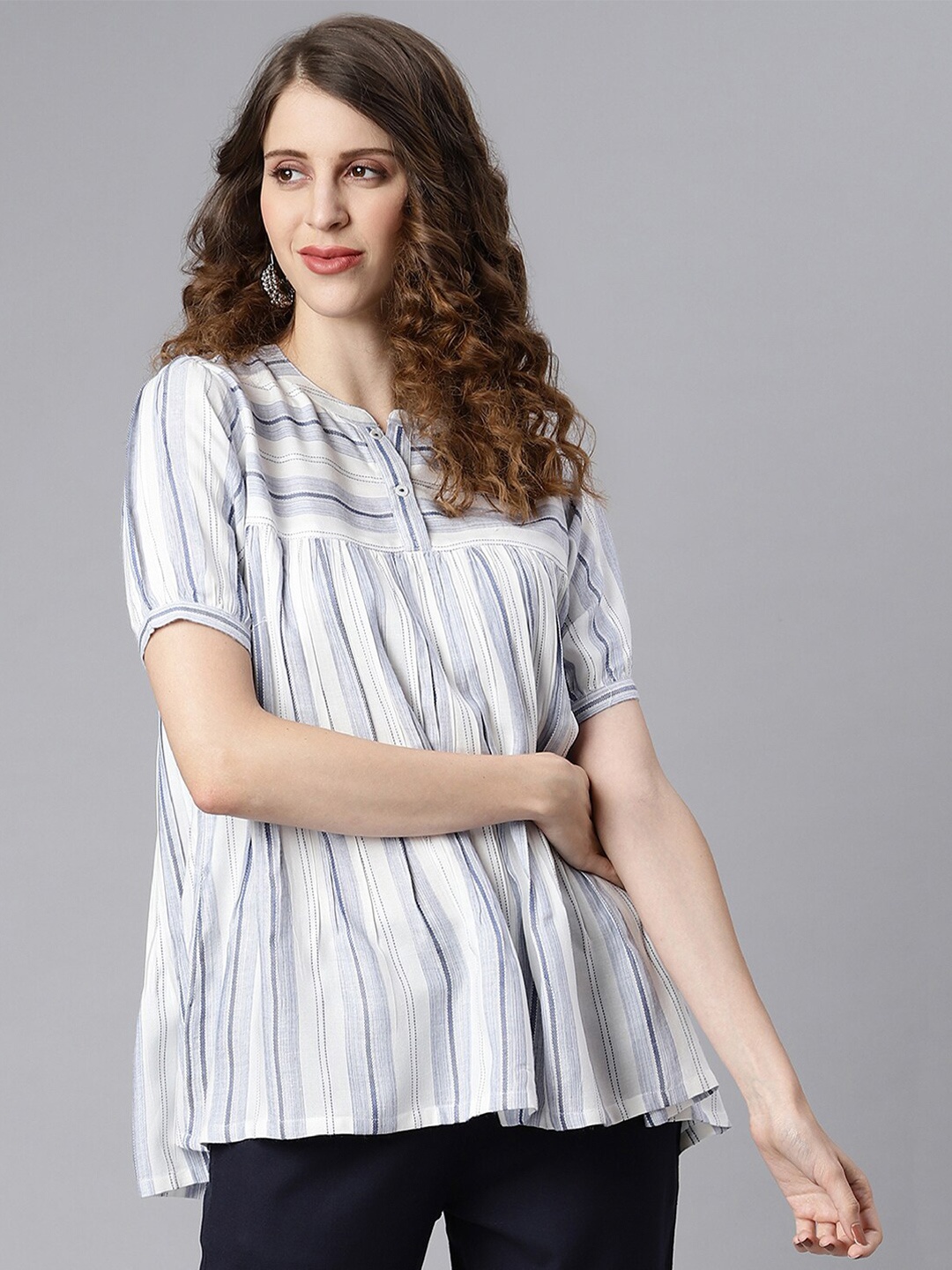 

Janasya Women Off White & Blue Striped Mandarin Collar A-Line Top