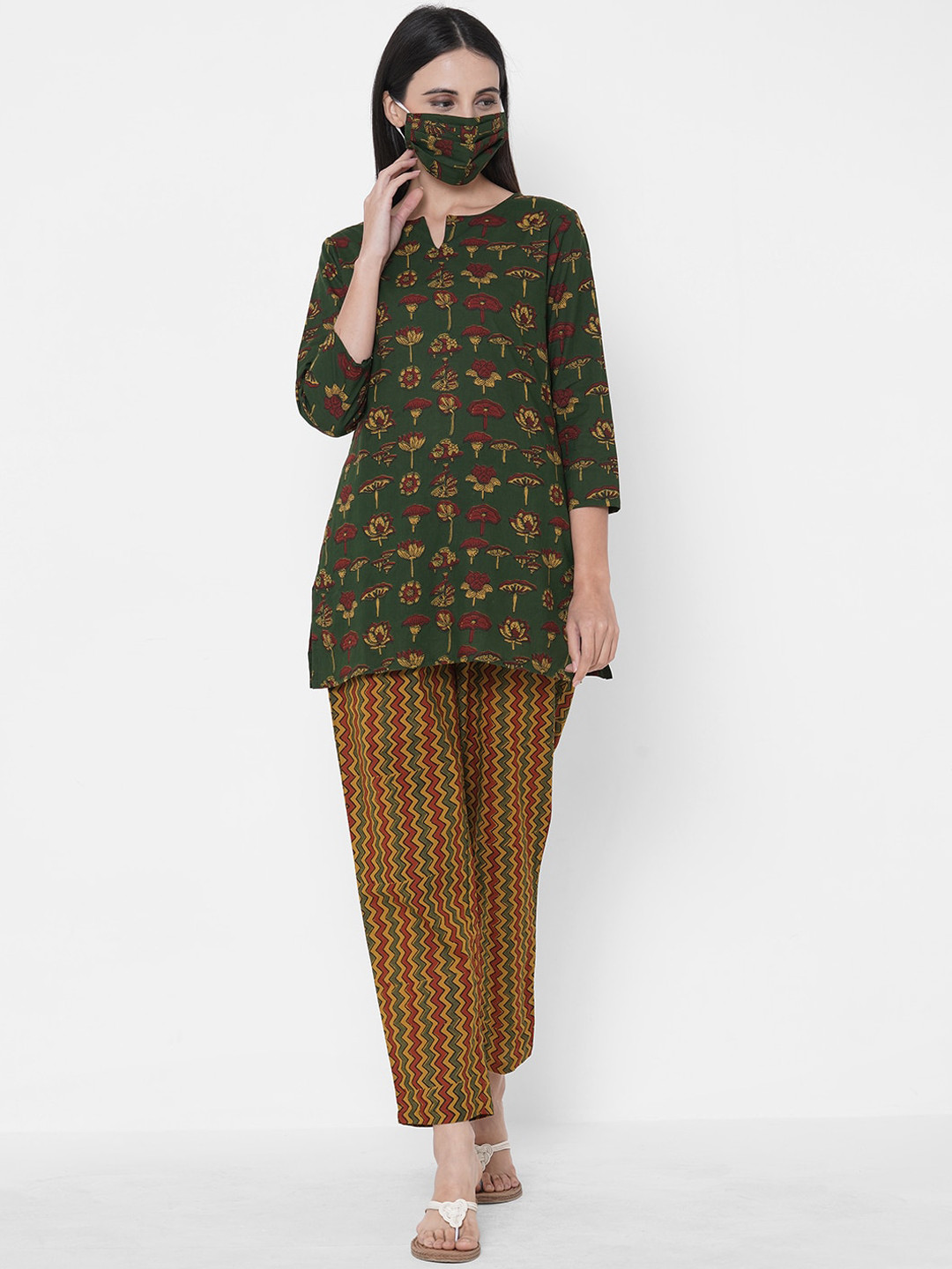 

FASHOR Women Olive Green & Mustard Brown Block Print Pyjama Set