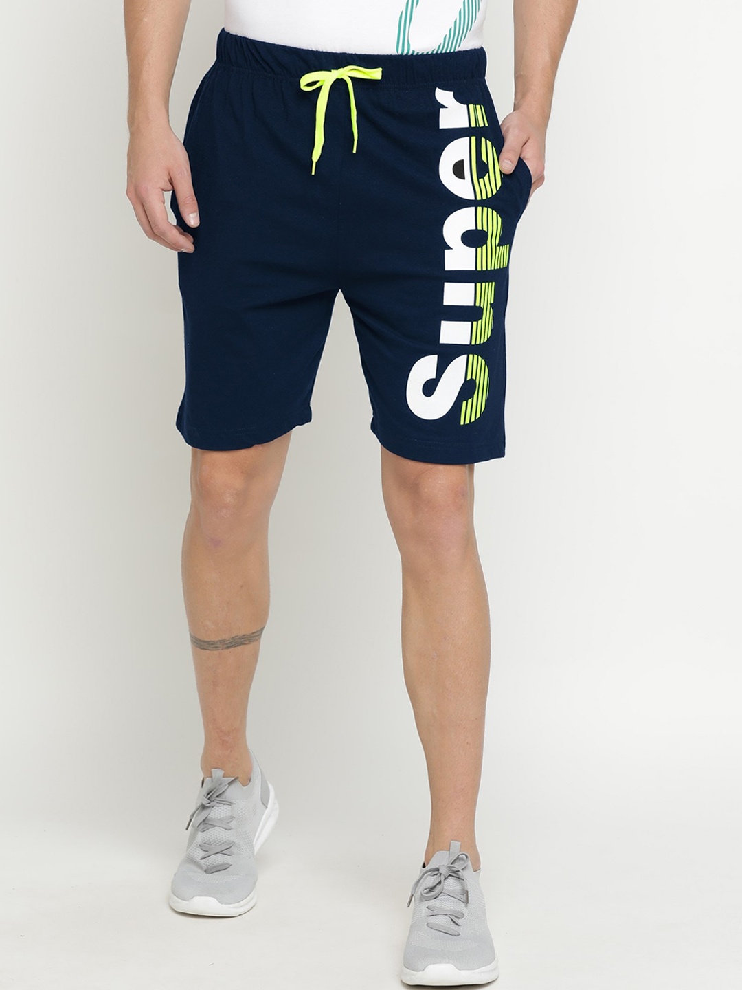 

Maniac Men Navy Blue Typography Printed Slim Fit Sports Shorts