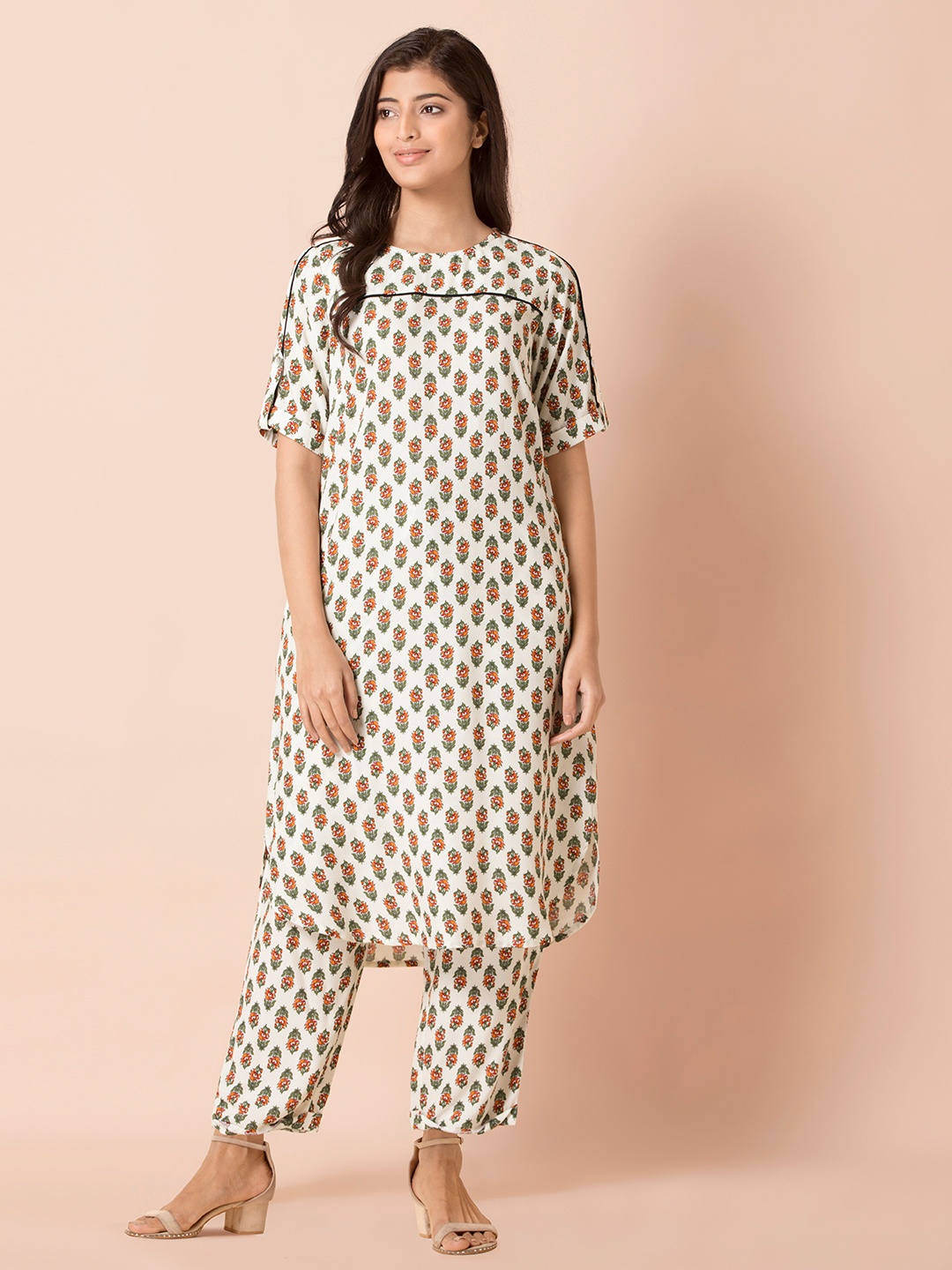 

INDYA Women White & Orange Boota Floral Printed Kurta with Trousers