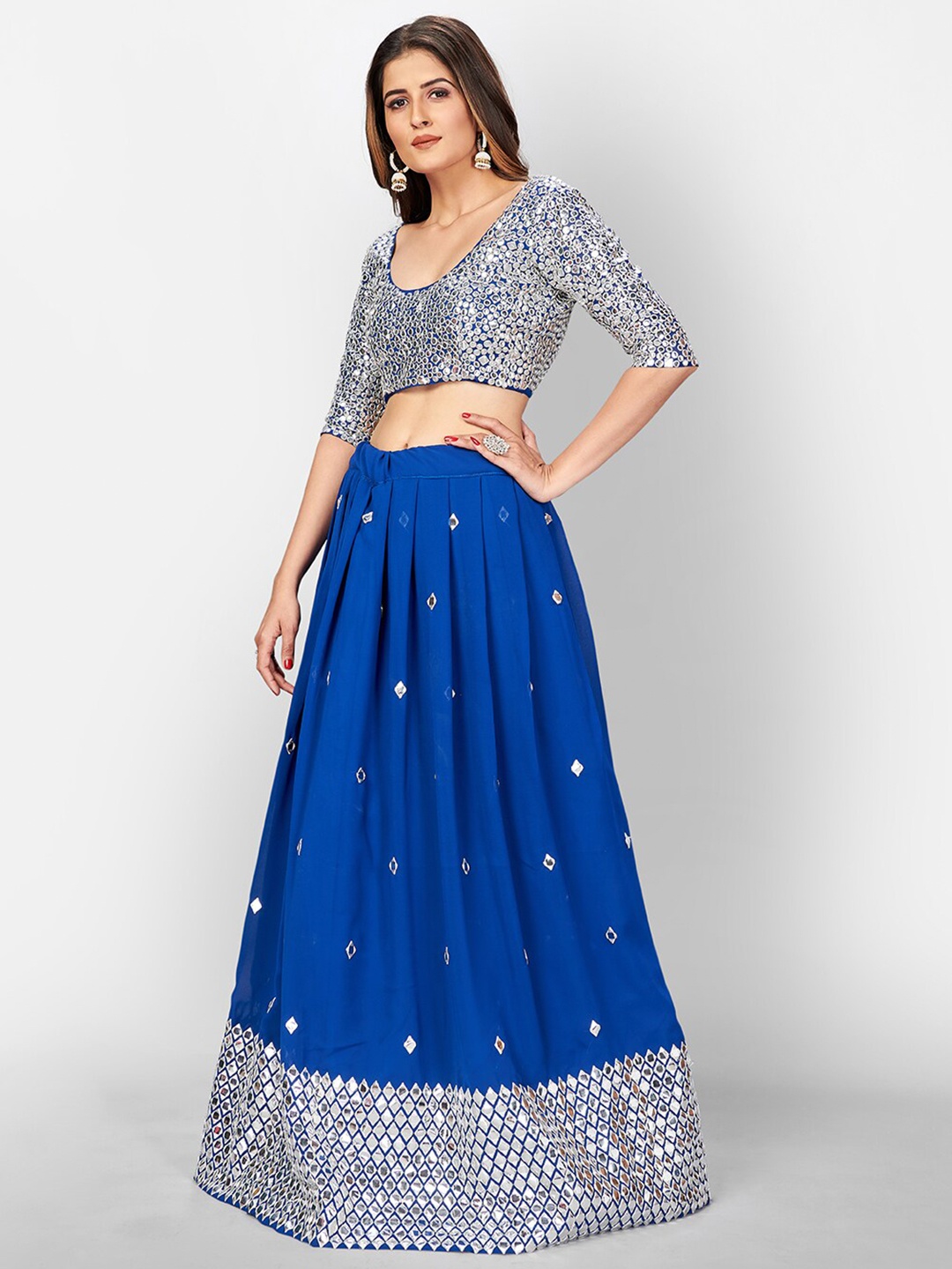

SHOPGARB Blue & Silver-Toned Semi-Stitched Lehenga & Unstitched Blouse with Dupatta