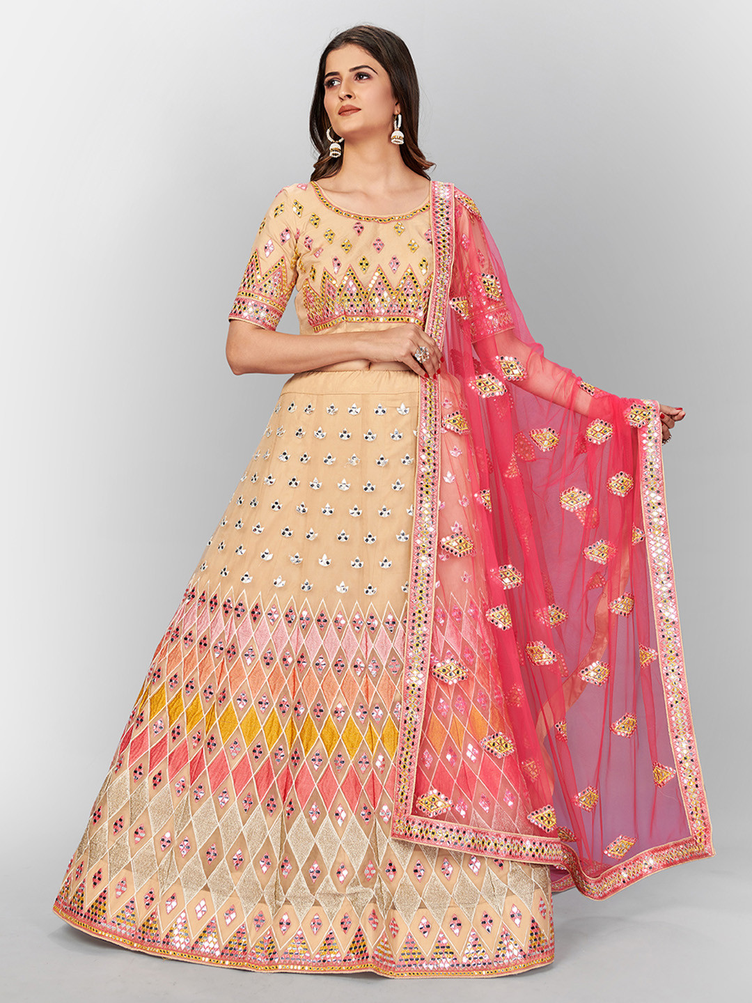 

SHOPGARB Beige & Pink Embellished Mirror Work Semi-Stitched Lehenga & Unstitched Blouse With Dupatta