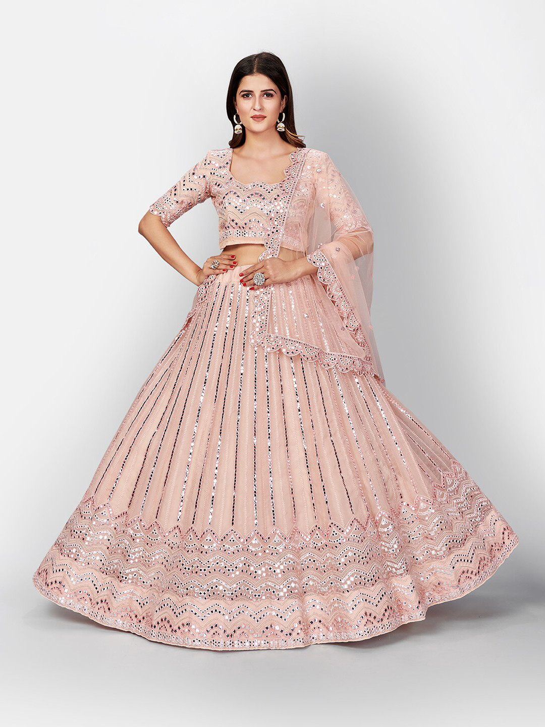 

SHOPGARB Peach-Coloured & Silver-Toned Semi-Stitched Lehenga & Unstitched Blouse & Dupatta