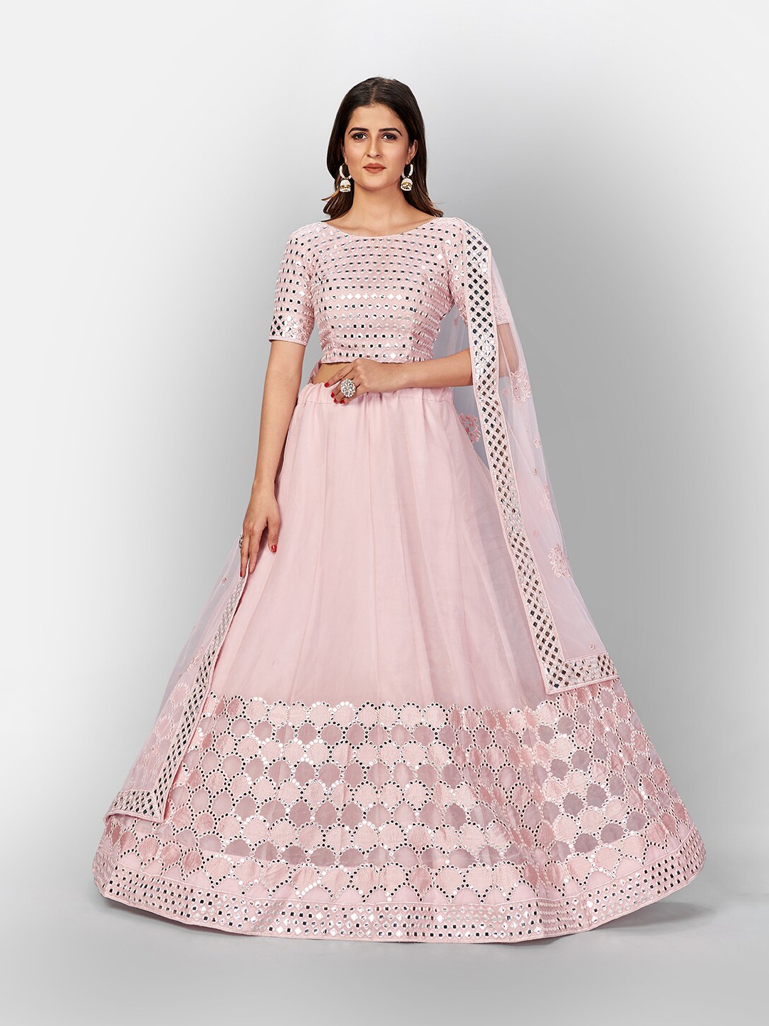 SHOPGARB Pink & Silver-Foil Semi-Stitched Lehenga & Unstitched Blouse & Dupatta