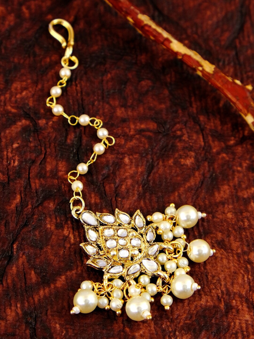 

Crunchy Fashion Gold-Plated White Kundan-Studded & Pearls Beaded Meenakari Maangtikka