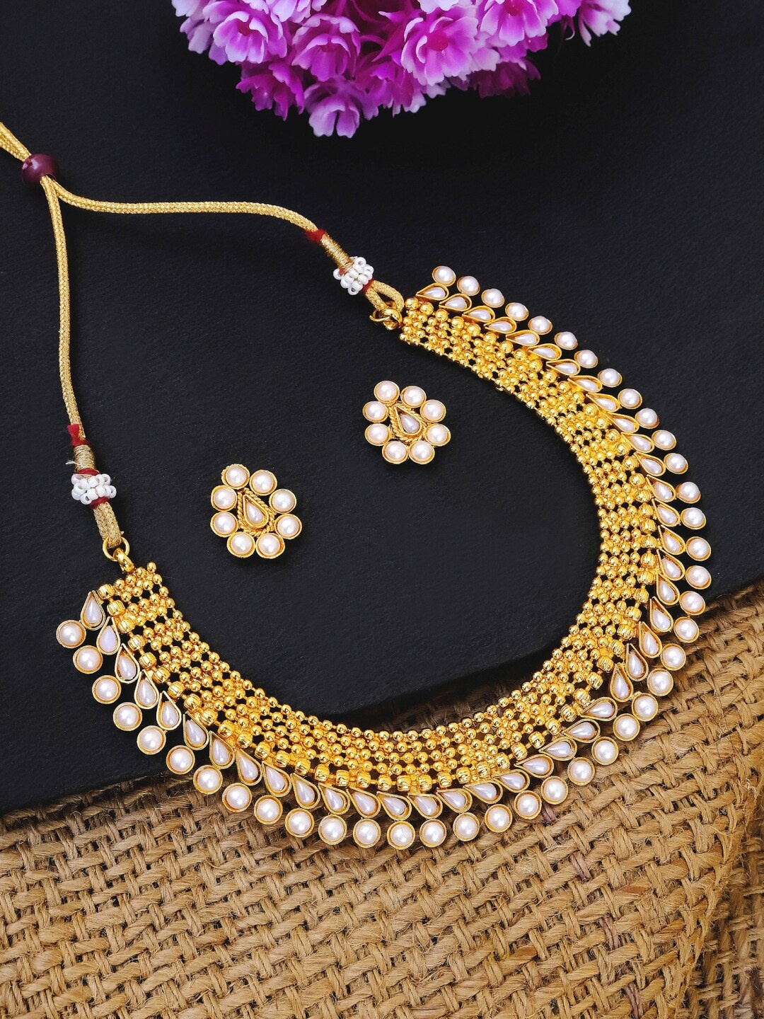 

Crunchy Fashion Gold-Toned Kundan Choker Necklace Set With Earrings