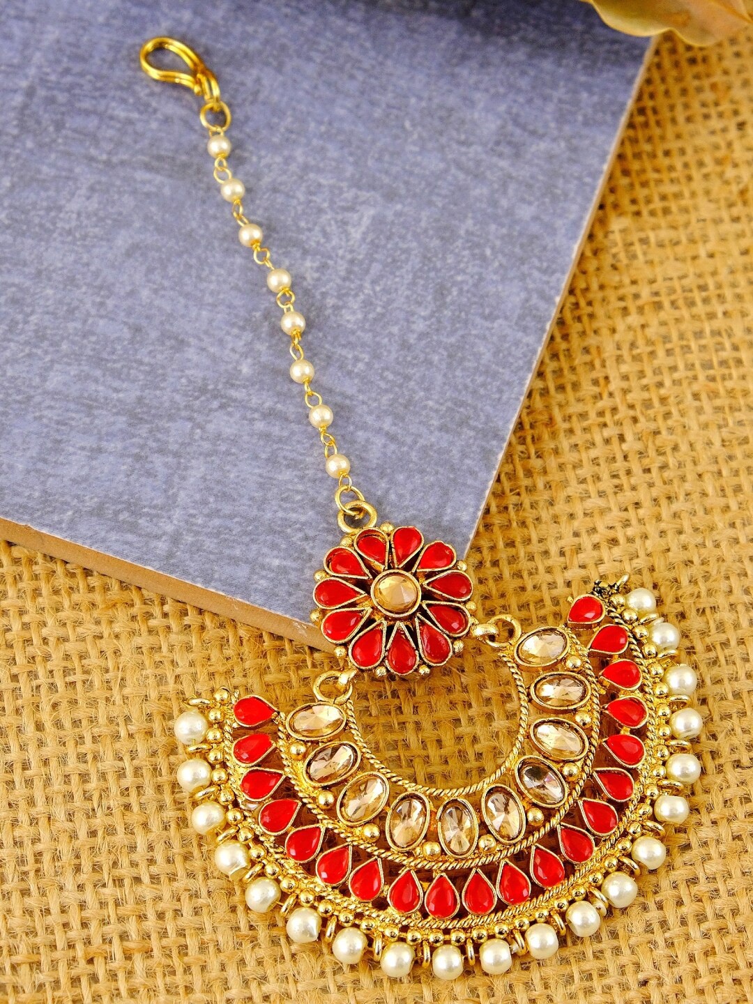 

Crunchy Fashion Gold-Plated Red & White Kundan-Studded & Beaded Maang Tika