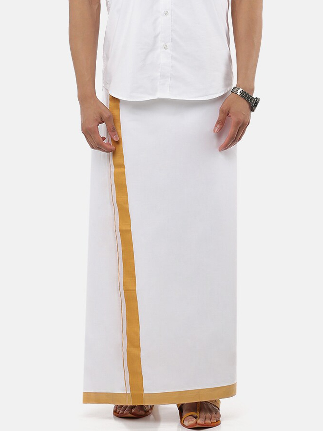 

Ramraj Men Pure Cotton Double layer White Dhoti with Mustard border