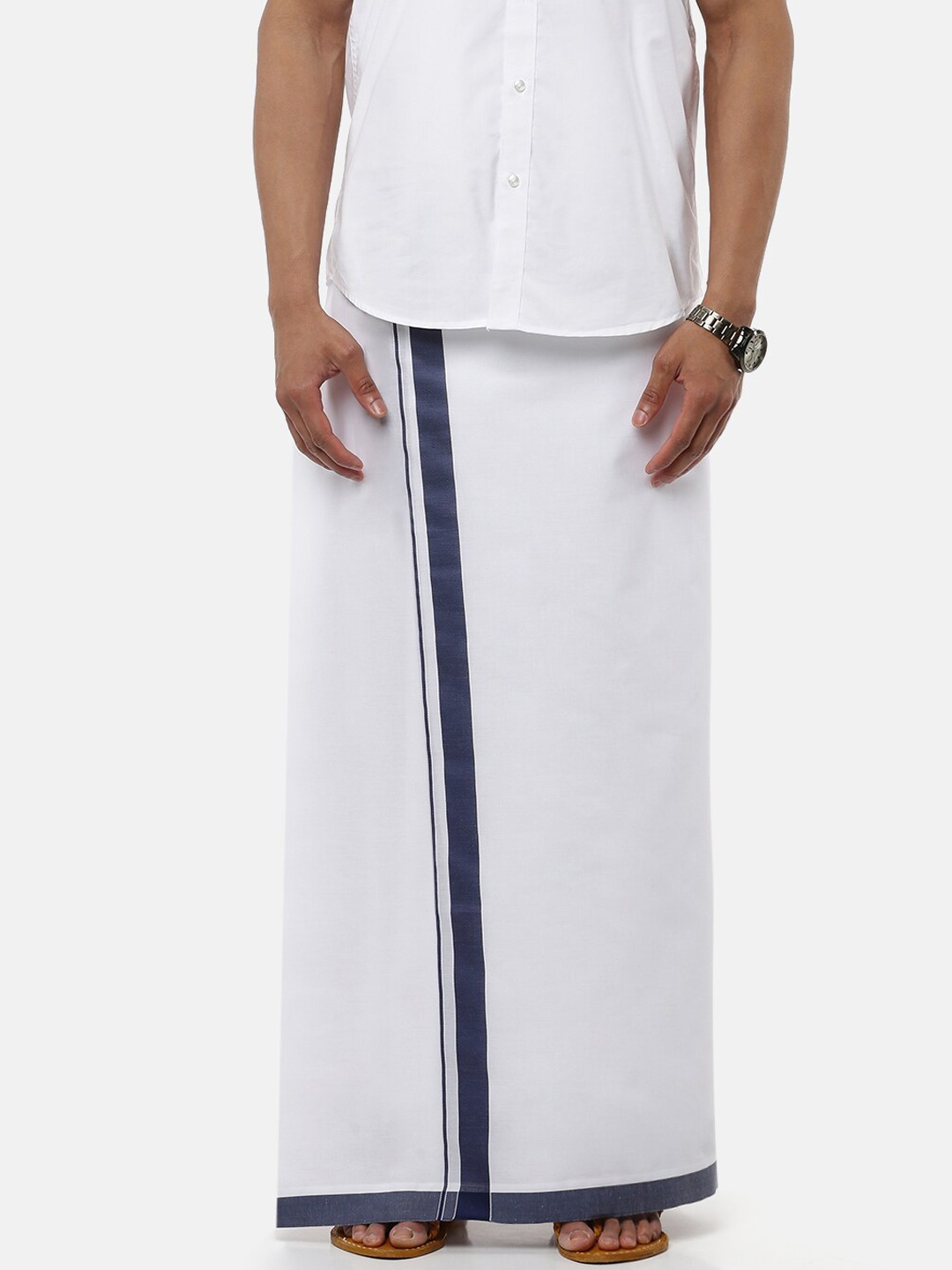 

Ramraj Men Pure Cotton Double layer White Dhoti with Navy blue border