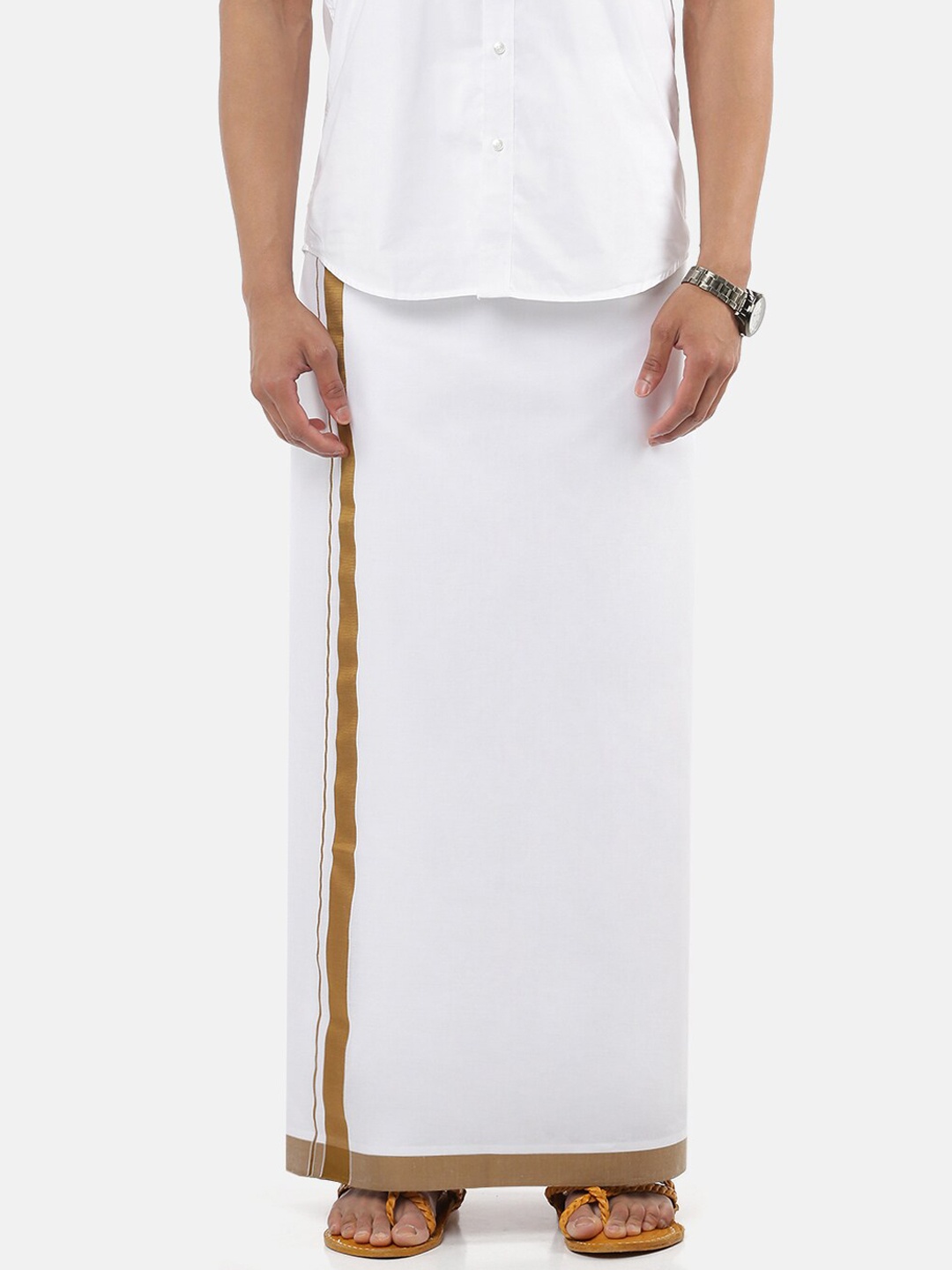 

Ramraj Men Pure Cotton Double layer White Dhoti with Mustard border