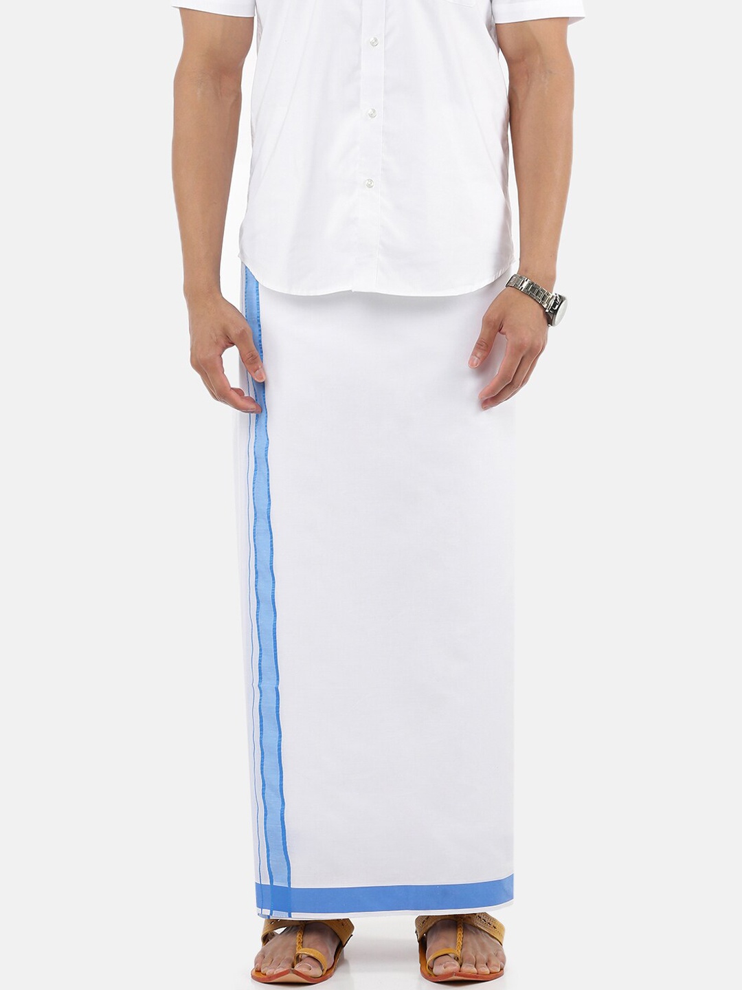 

Ramraj Men Pure Cotton Double layer White Dhoti with Blue border