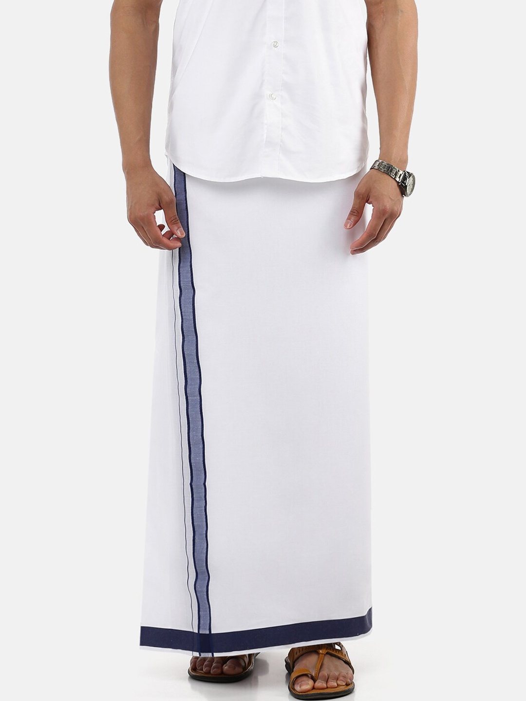 

Ramraj Men White Pure Cotton Dhoti with Navy Border