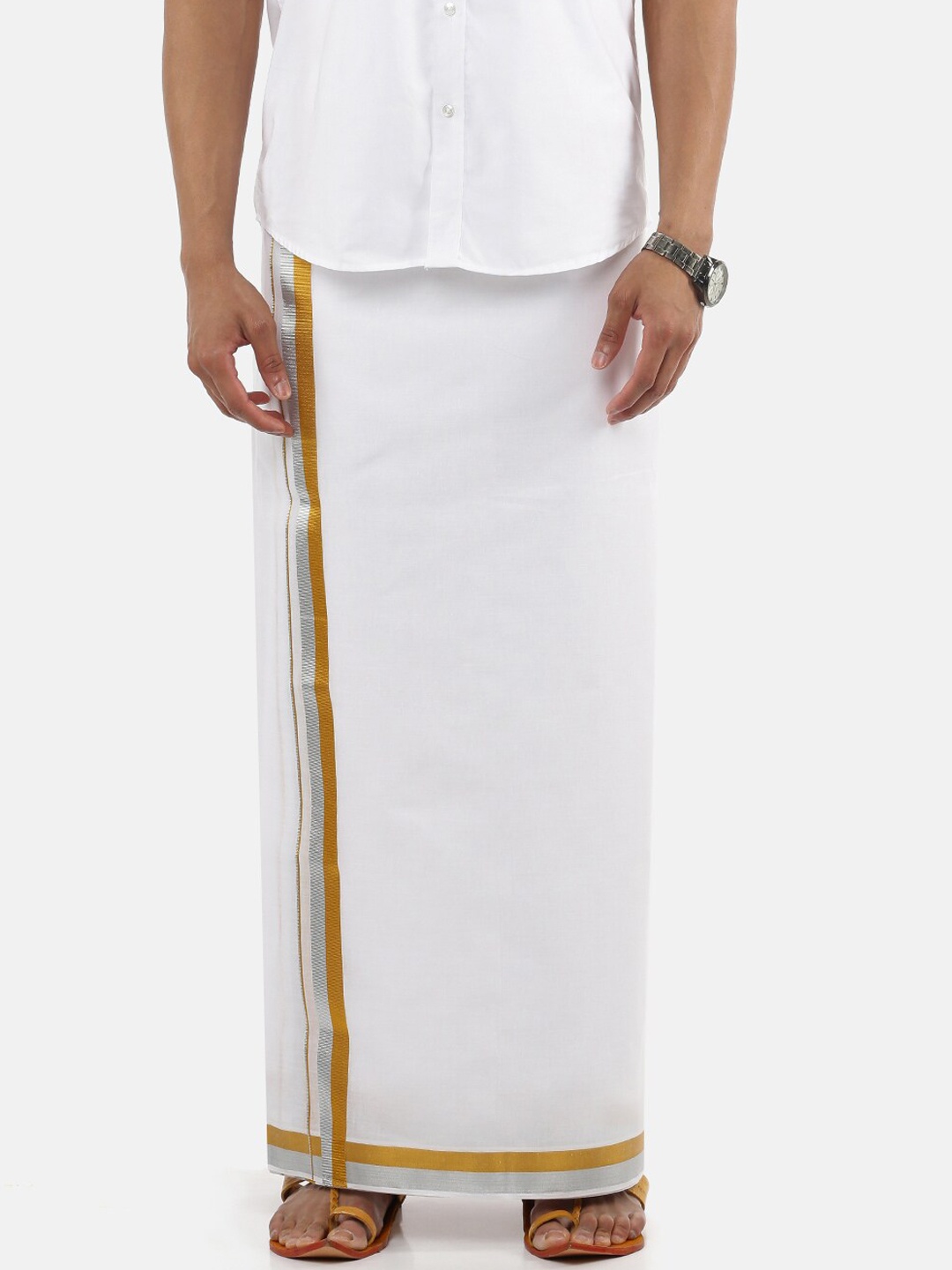 

Ramraj Men Pure Cotton Double layer White Dhoti with Gold & Silver coloured border