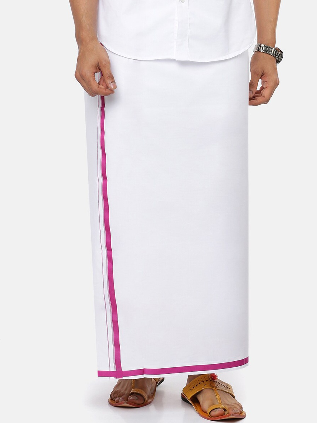 

Ramraj Men Pure Cotton Double layer White Dhoti with Pink coloured border