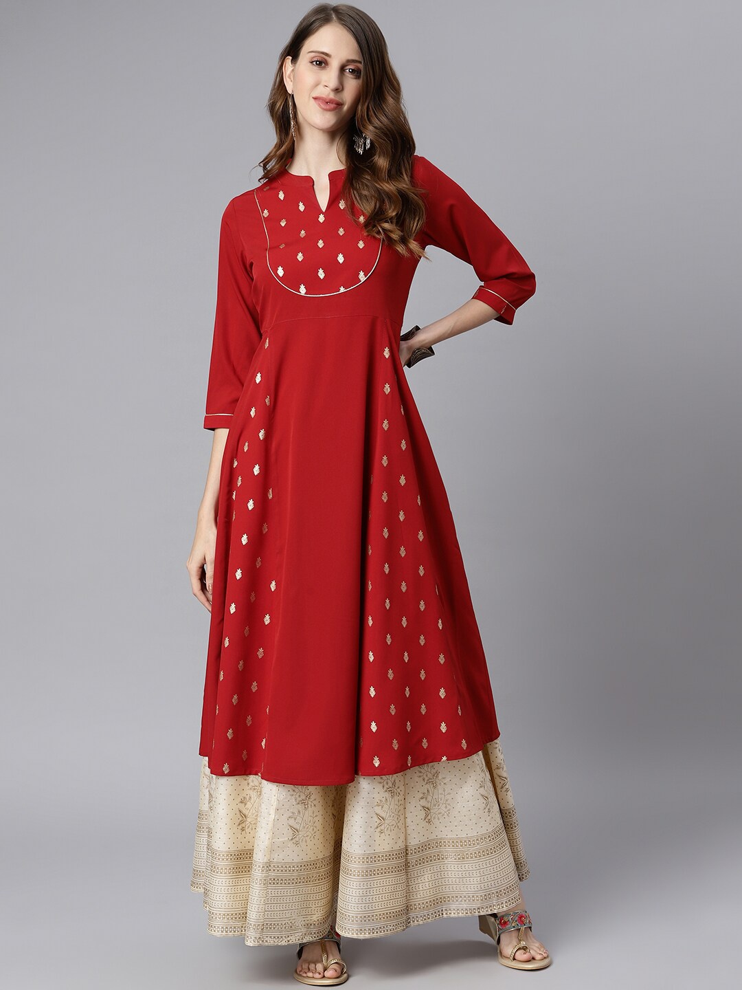 

Janasya Women Maroon Ethnic Motifs Printed Crepe Anarkali Kurta