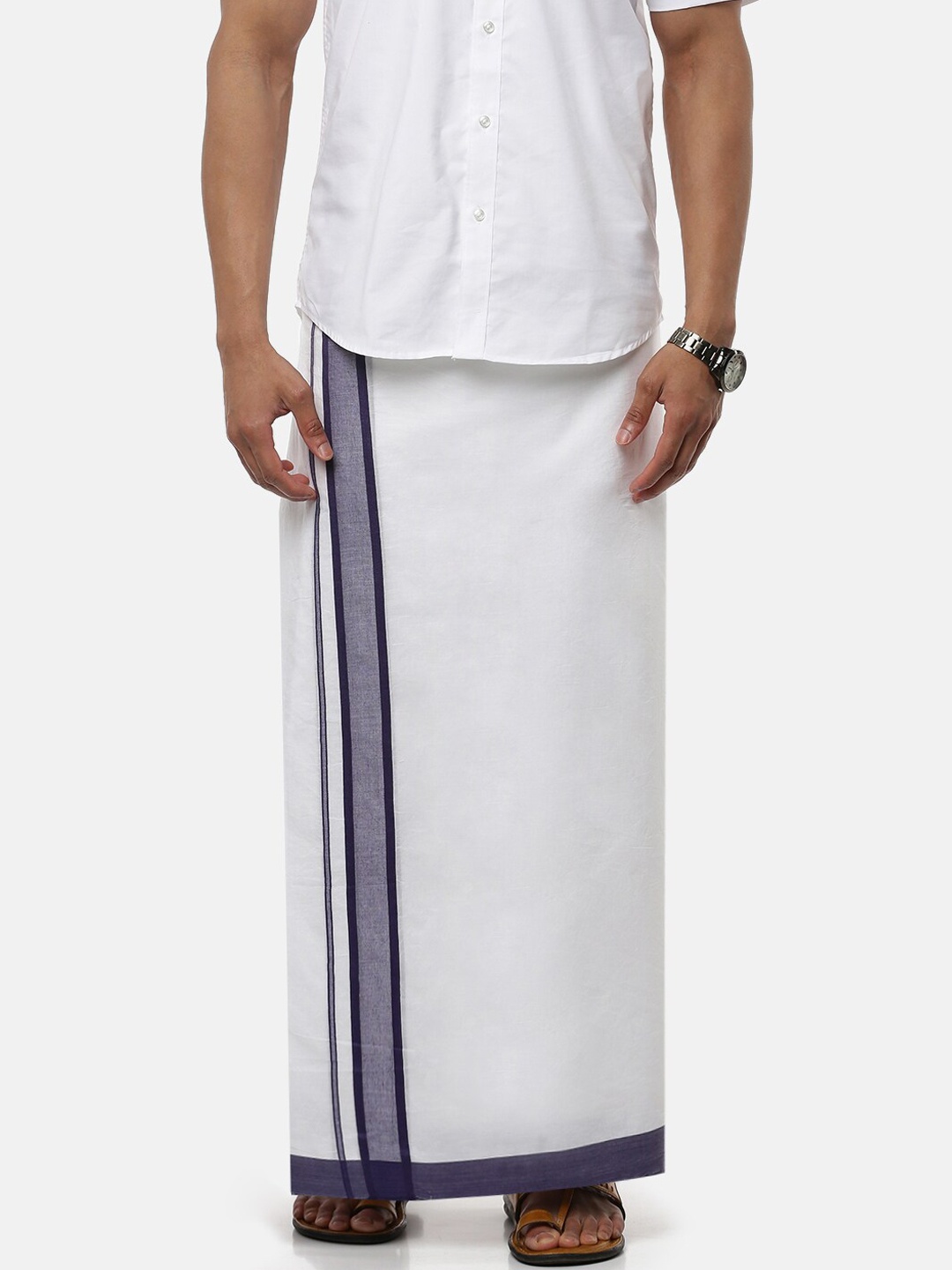 

Ramraj Men Pure Cotton Double layer White Dhoti with navy blue border